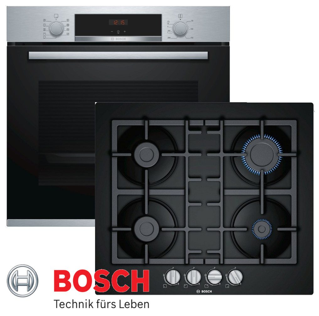 BOSCH Backofen-Set Gasherd Herdset Autark BOSCH Elektro Backofen + GAS Glas Kochfeld