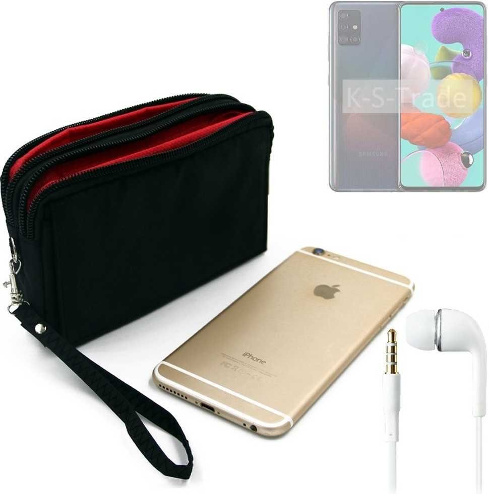 K-S-Trade Handyhülle für Samsung Galaxy A51, TOP SET Handy Hülle  Gürteltasche schwarz + Kopfhörer Travel Bag
