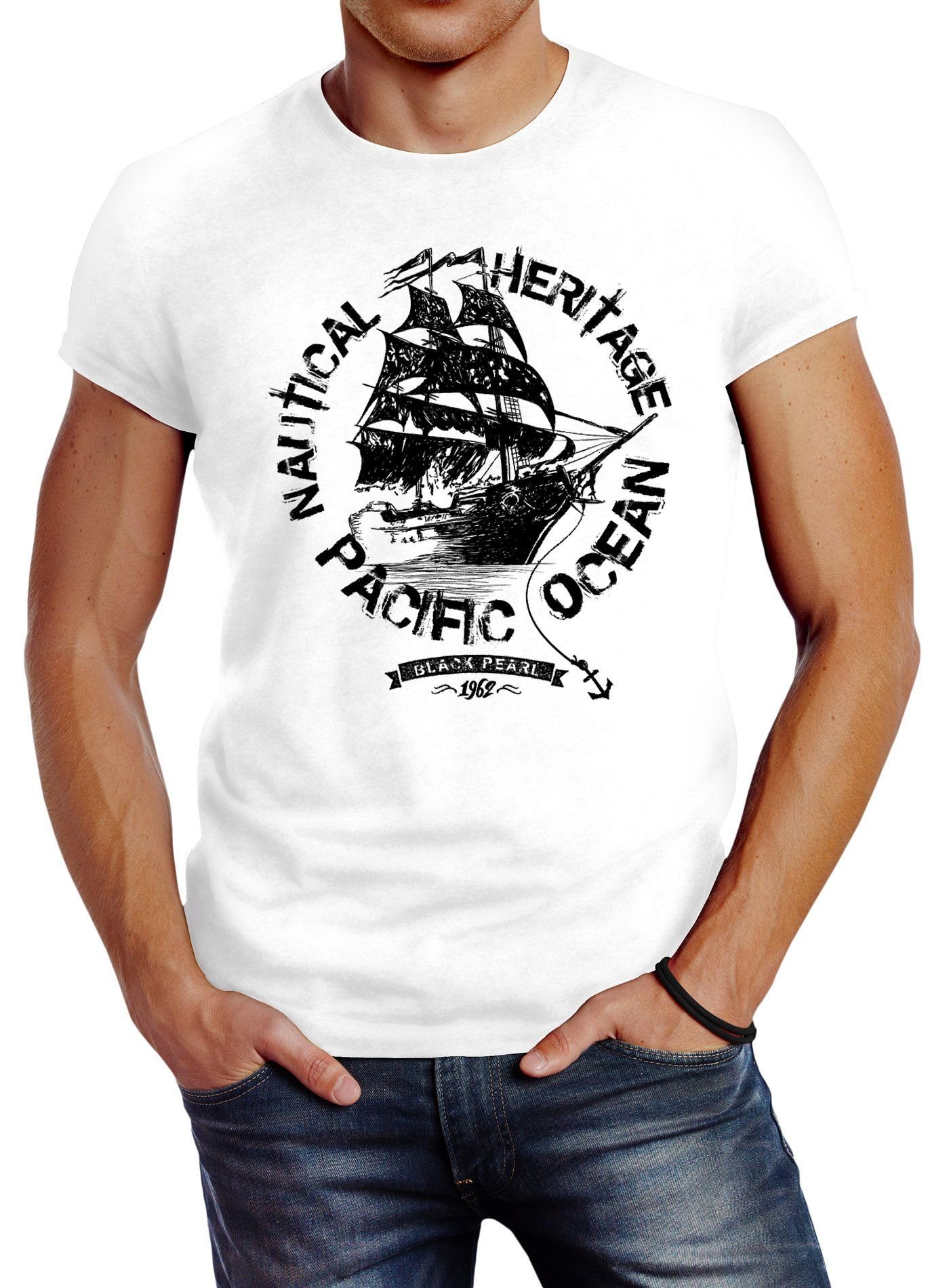 Neverless Print-Shirt Fit T-Shirt Slim mit Herren Piratenschiff Print weiß Segelschiff Neverless®
