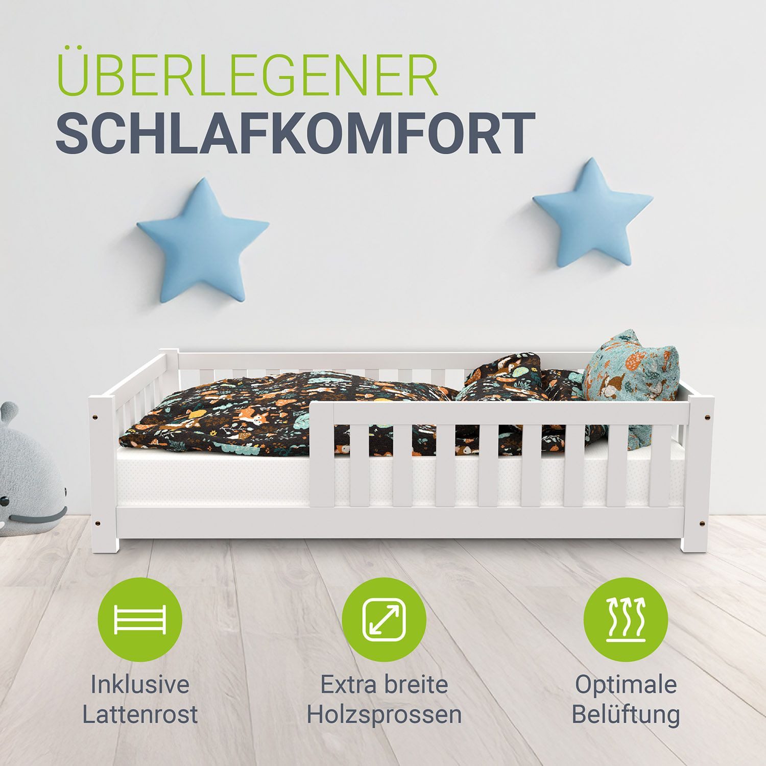 Juskys Kinderbett Naya, 80x160 cm Bodenbett, Holz, mit Matratze, Rausfallschutz & Lattenrost