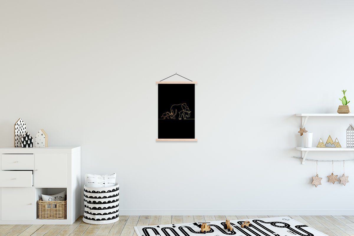 Posterleiste, Einfach - - MuchoWow Wohnzimmer, Elefant Schwarz, St), Poster Textilposter für Bilderleiste, Gold Magnetisch (1 -
