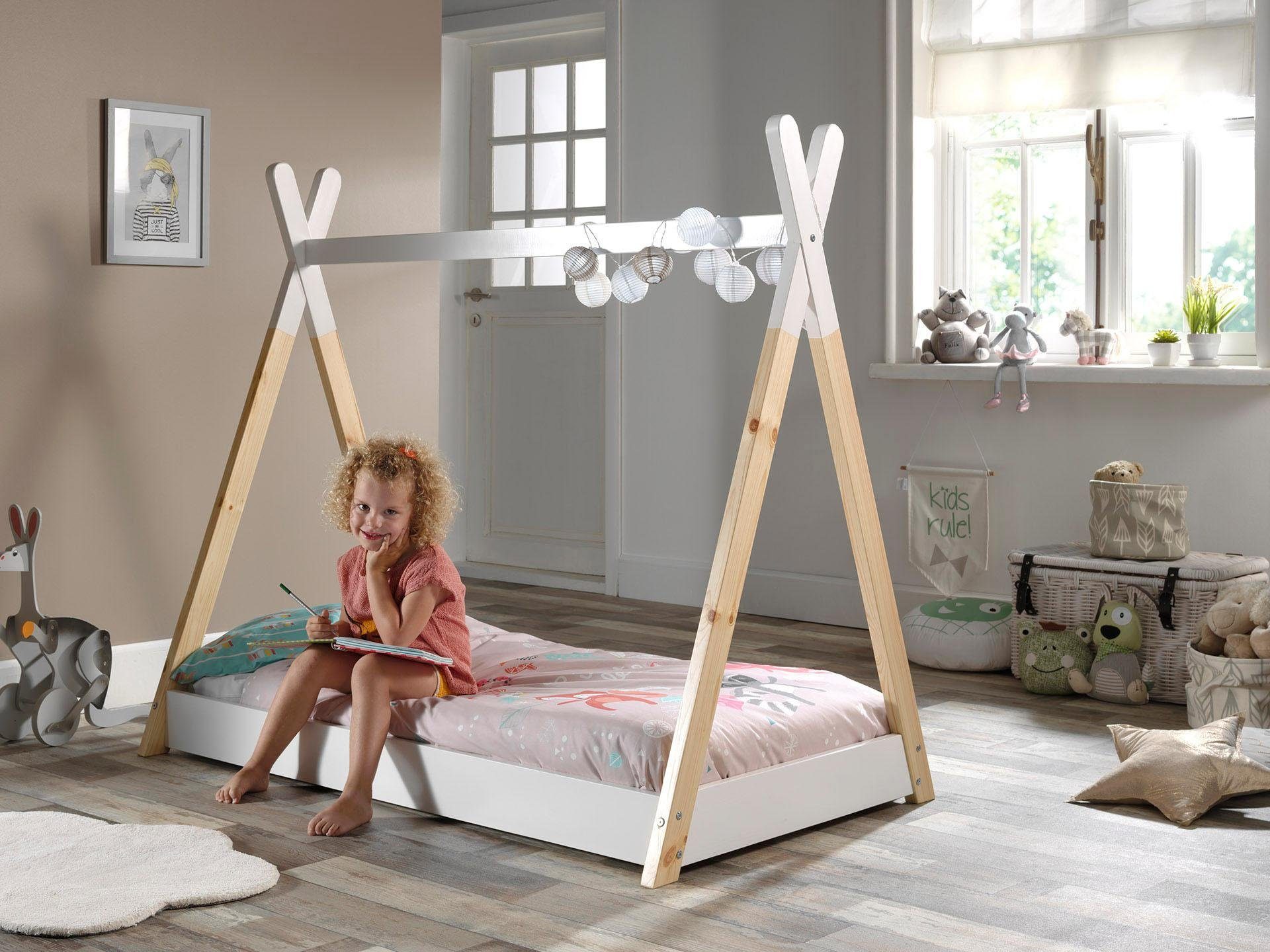 Vipack Kinderbett Tipi, mit Querstange in Zelt-Optik, Kiefer massiv (inkl. Lattenrost, Bettrahmen in Weiß, 2 Größen zur Auswahl), Bodenfreiheit 1,5 cm für bessere Belüftung