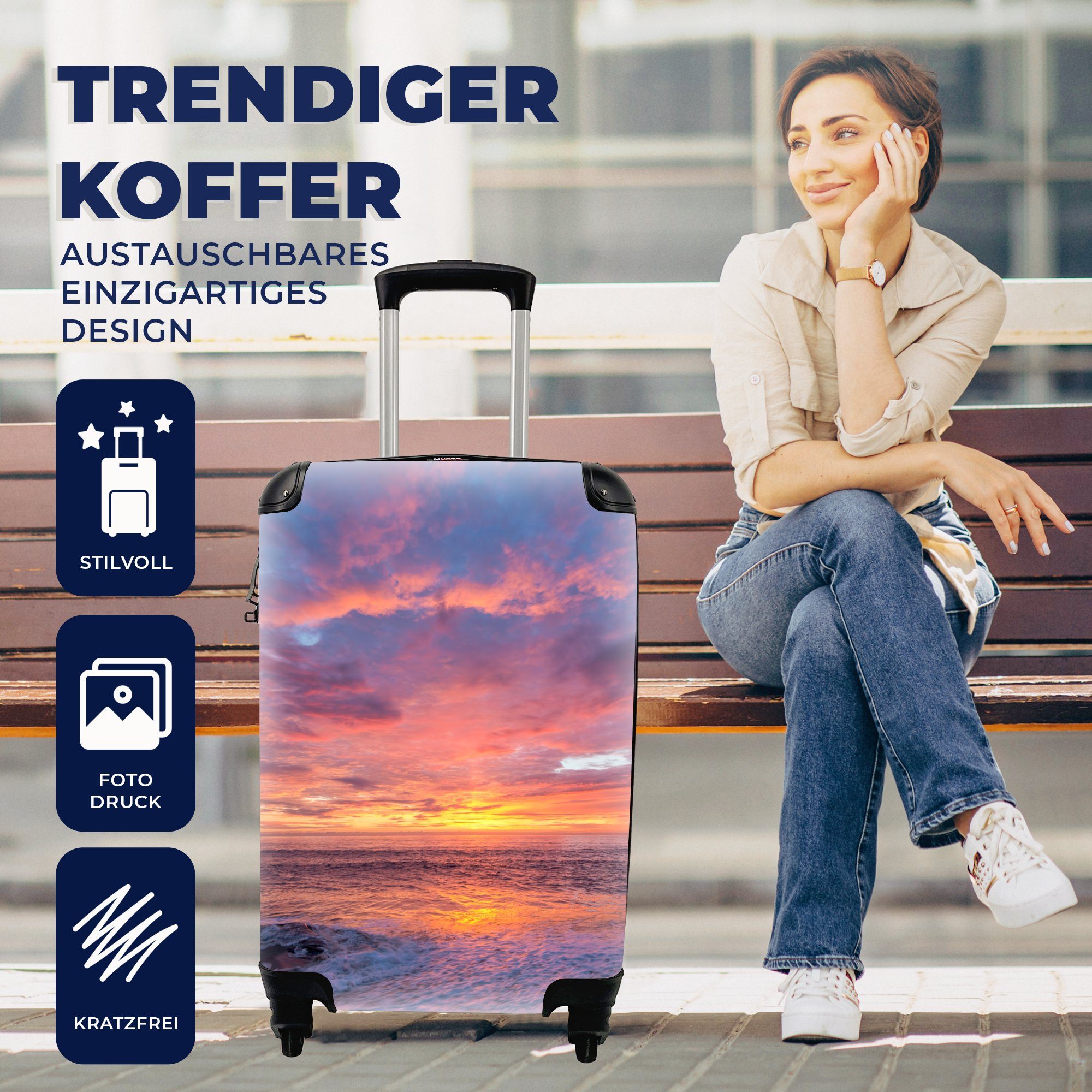 rollen, Rollen, 4 mit Meer Reisetasche für Handgepäck - Handgepäckkoffer Trolley, MuchoWow Strand Reisekoffer Ferien, - Sonnenuntergang,