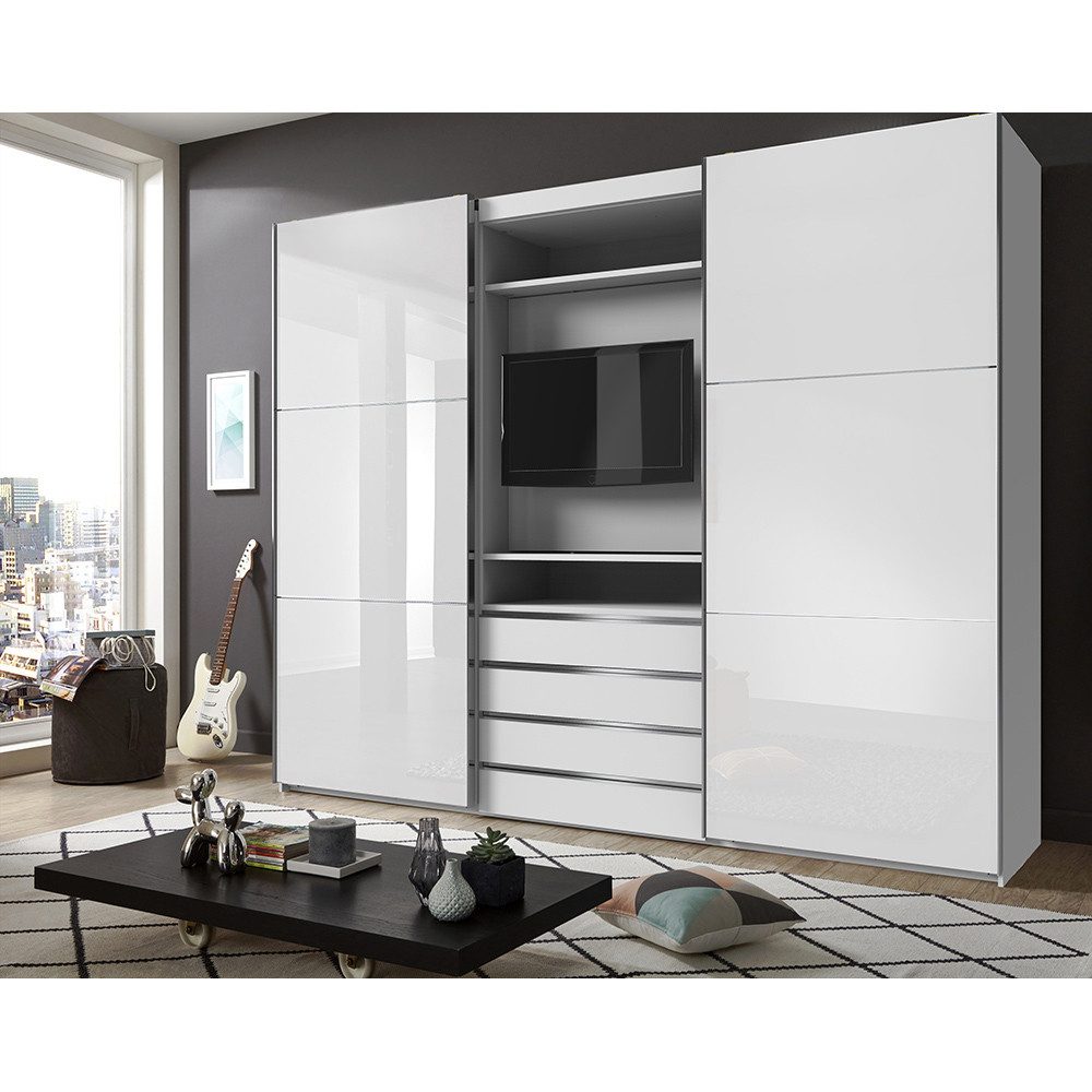 Lomadox Kleiderschrank MIDLAND-43 in weiß Glasfront TV Halterung Schubladen 300x236x65 cm