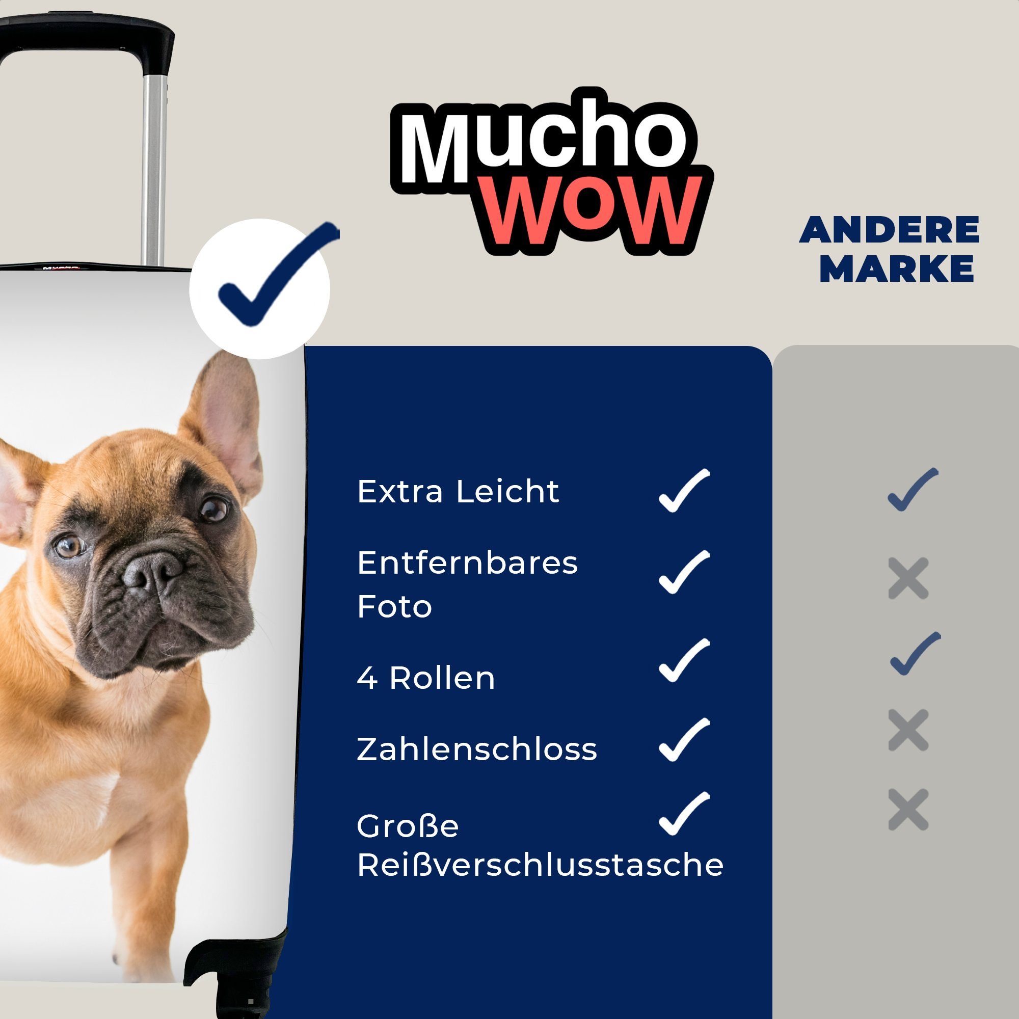 Bulldogge - MuchoWow Braun - Reisekoffer Handgepäck rollen, Ferien, mit Handgepäckkoffer Französische Rollen, Trolley, für 4 Weiß, Reisetasche