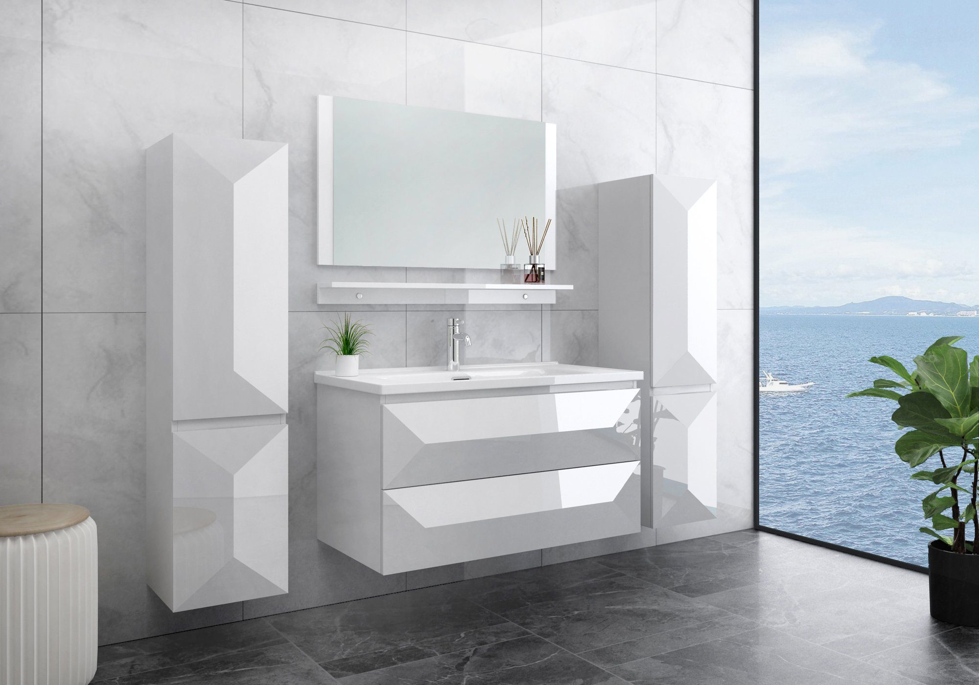 Faizee Möbel Badmöbel-Set Badmöbel Set vormontiert "Miran" Weiß/Schwarz Ker günstig online kaufen