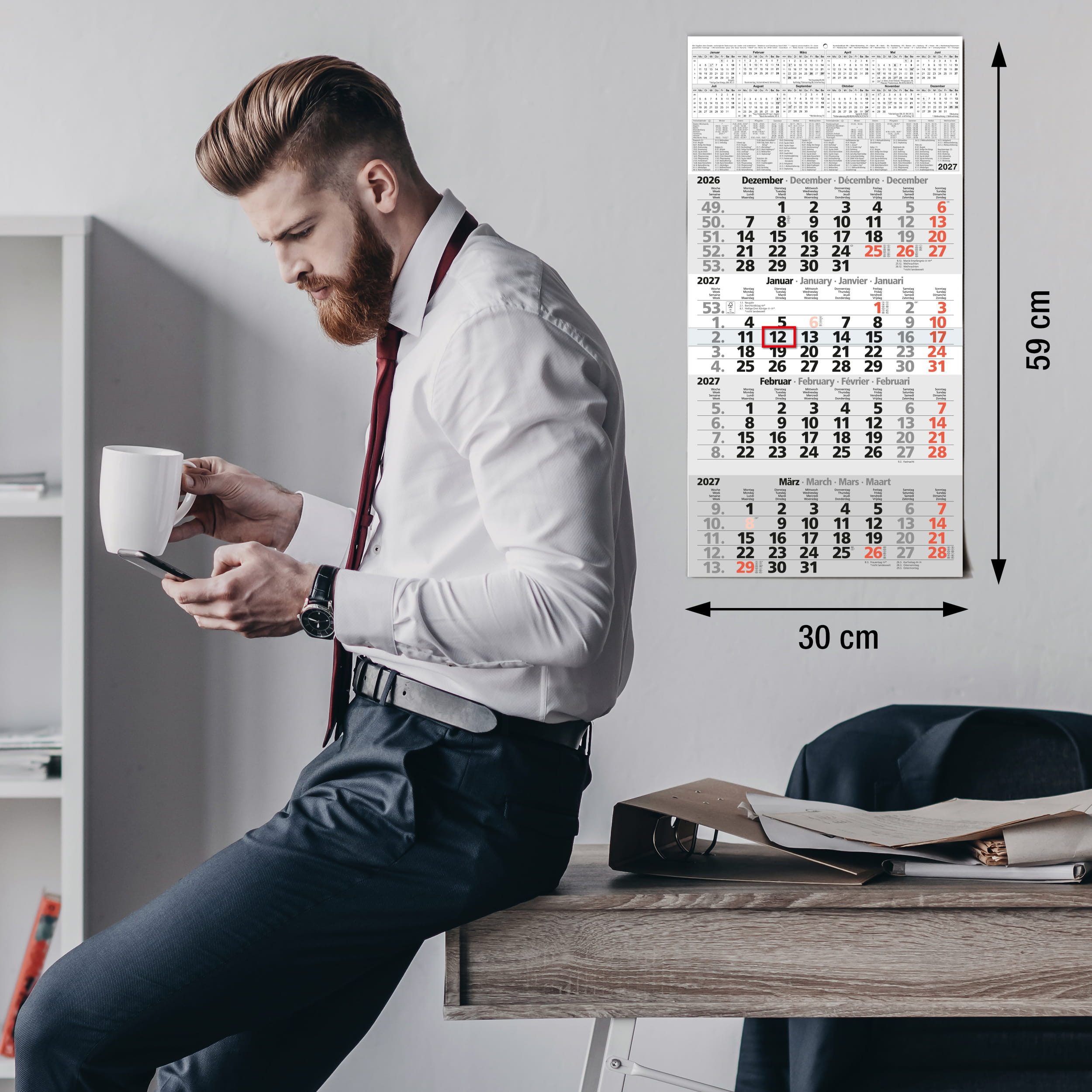 TOBJA Wandkalender 4 Monatskalender 2027 mit rotem Datumsschieber 30x59 FSC Ferien, Roter Datumsschieber, Schulferien DE+AT, 4-sprachig, FSC, 30x59 cm