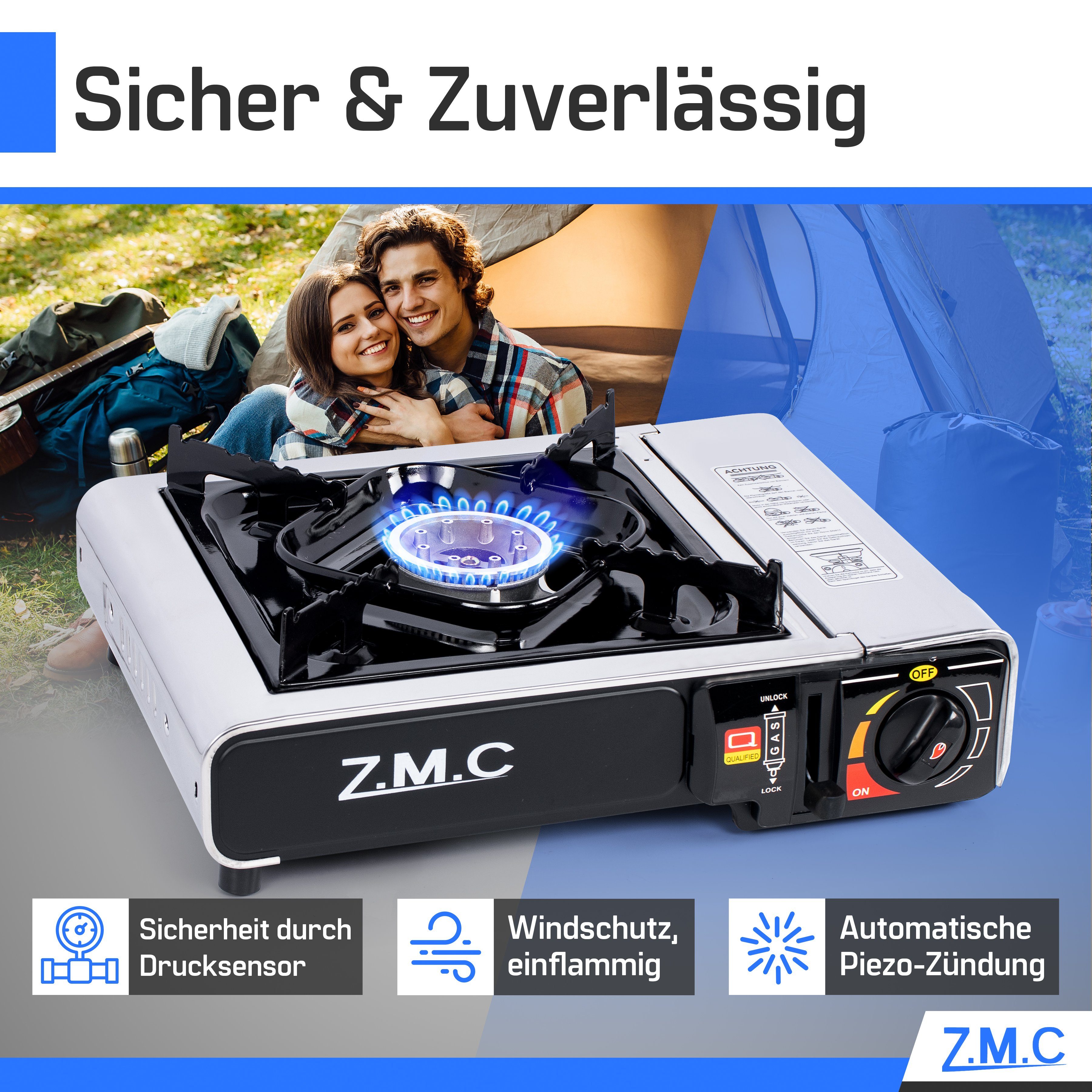 ZMC Gaskocher Edelstahl Gaskocher 1-flammig + Aufbewahrungskoffer + Gaskartuschen, (Butangas Campingkocher für Innenraum/Outdoor, Campinggaskocher 2,2 kW mit Pi – Bild 3 von 5
