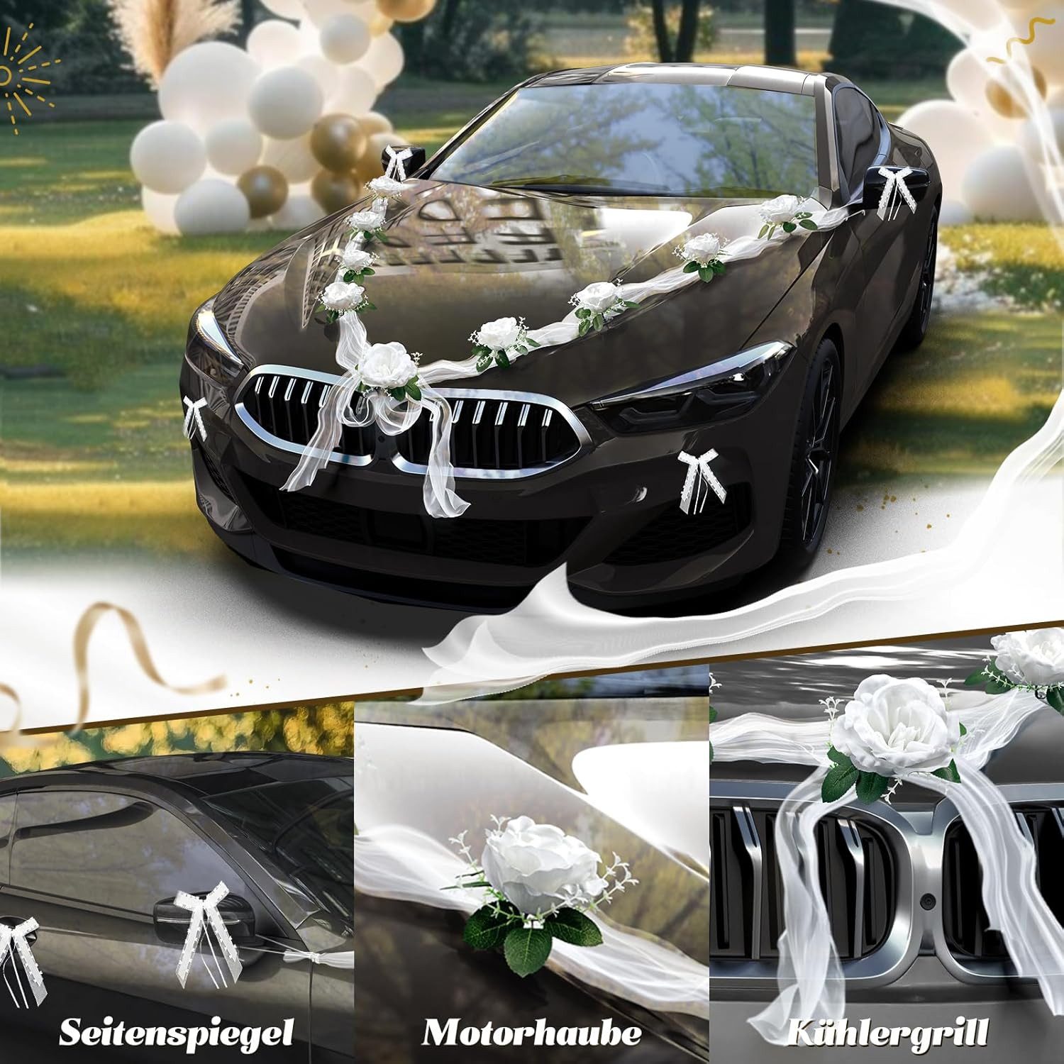 FELIXLEO Dekohänger Autoschmuck Hochzeit Deko Rose Motorhaube Blumenschmuck Weiß (1 St) – Bild 2 von 5