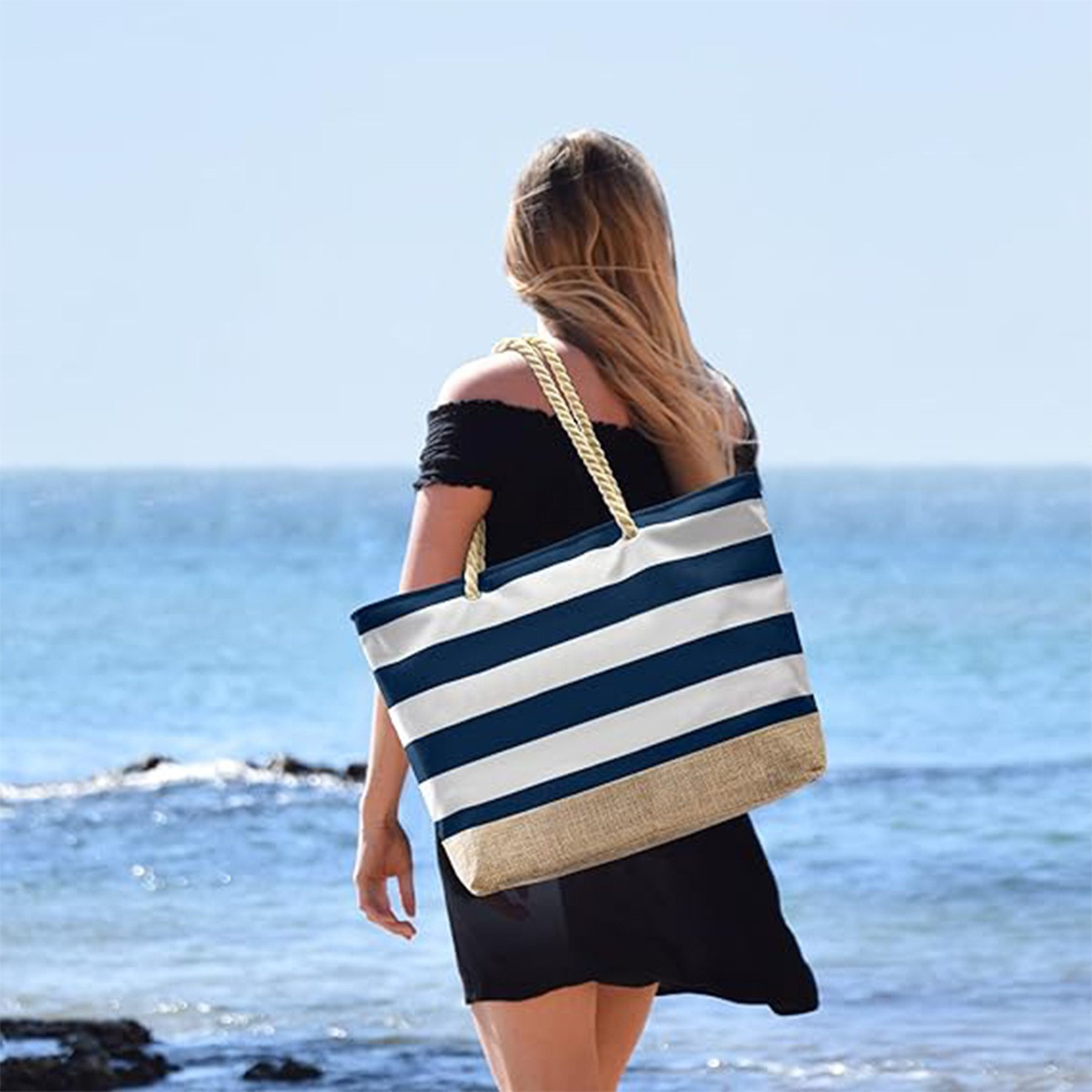 Mutig Strandtasche Strandtasche, XXL Familie Shopper Tasche (Badetasche Streifen, Groß Schwimmtasche mit Reißverschluss, Faltbar Umhängetasche Tragetasche Shopping Bag Reisetasche), für Strand, Einkaufen, Reisen Pool Fitnessstudio