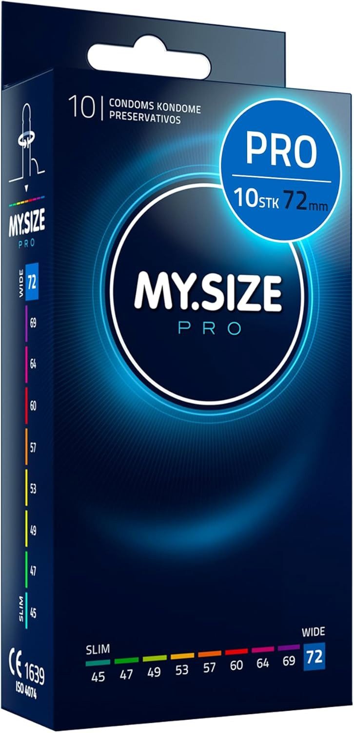 MY.SIZE Kondome PRO ELITE Kondome, 9 Größen, 45-72 mm, Schlank-XXXXL, Extra reines Vytex-Latex, leicht zu öffnen, hauchdünn 0,05mm