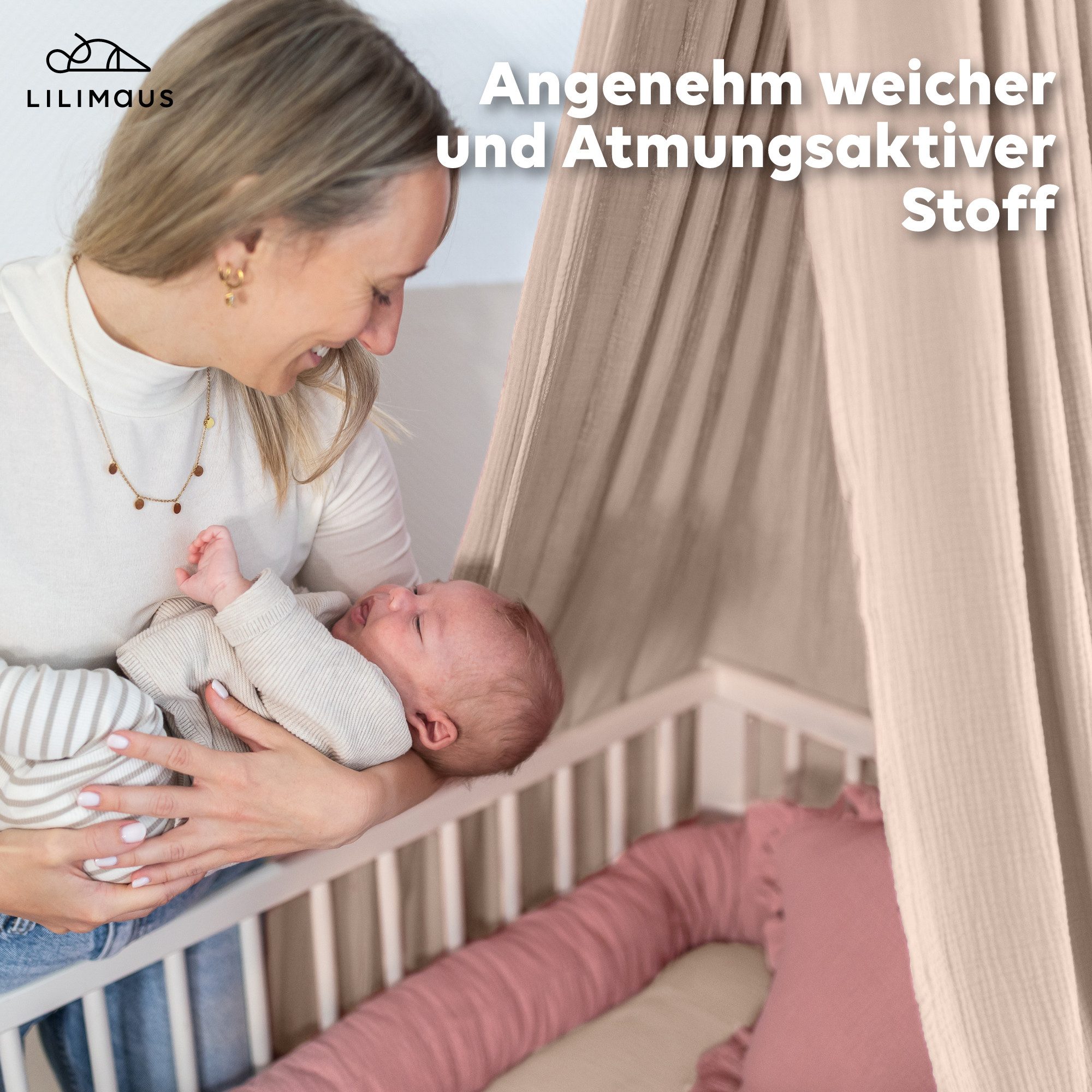 lilimaus Nestchenschlange Bettschlange für Babybett aus Musselin - 200, 300 & 400 cm, (1-tlg), Randschutz & Kuschelrolle mit Befestigungs-Schlaufen - Ø ca. 10-12 cm
