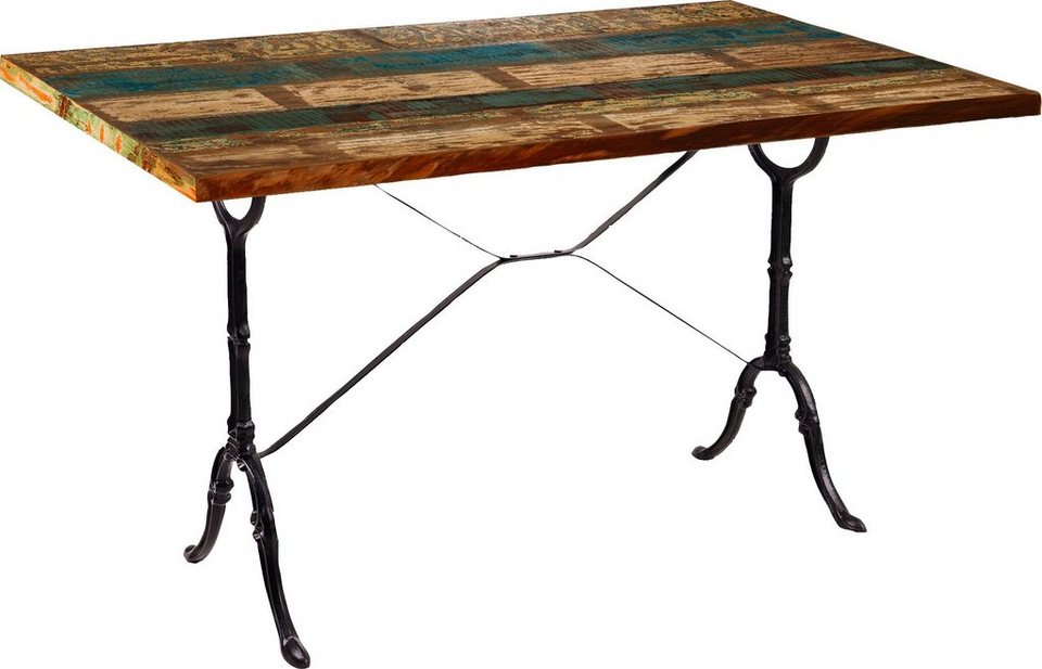 SIT Esstisch, Gusseisengestell im Bistro-Stil, Tischplatte gefertigt aus  lackiertem Altholz
