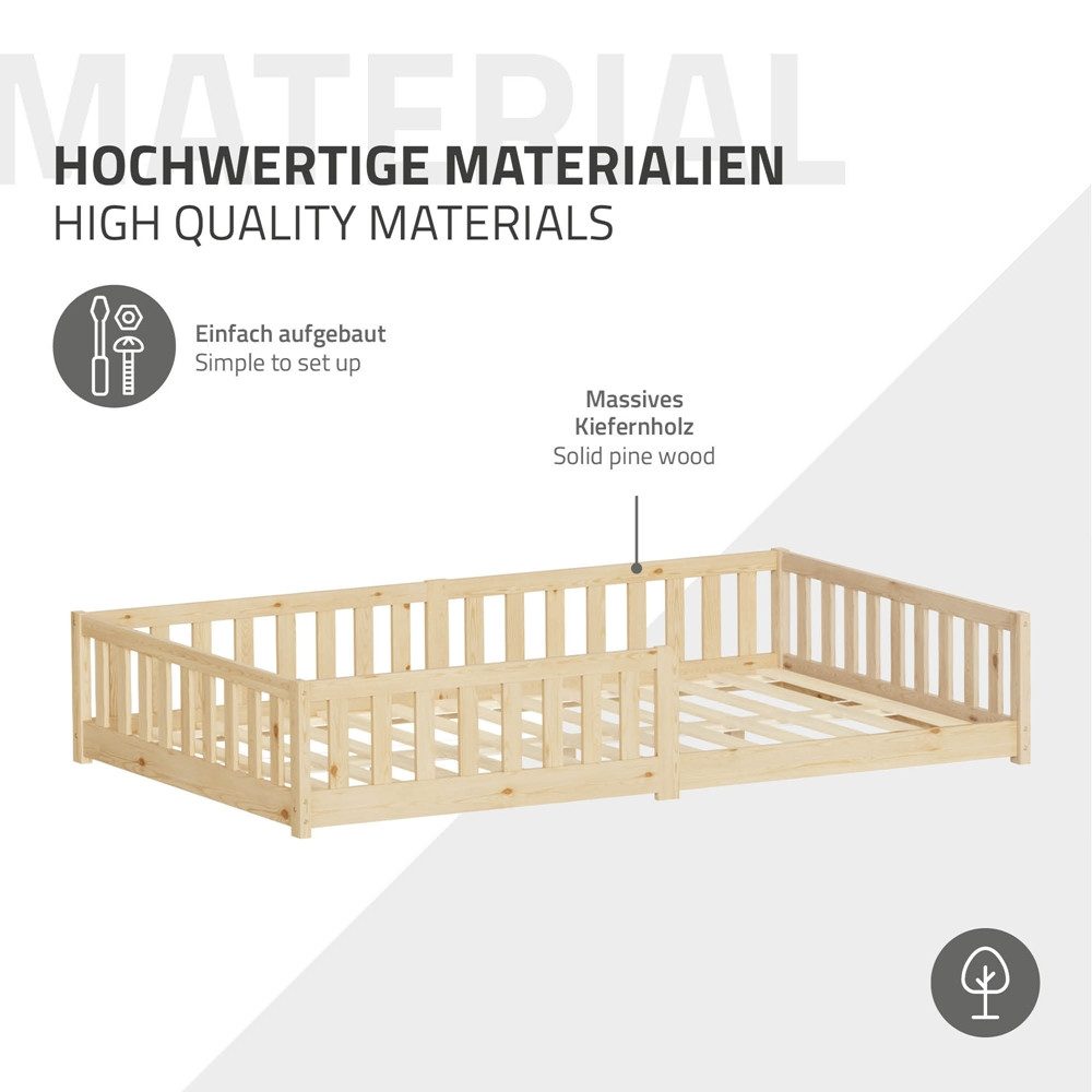 ML-DESIGN Spielbett Bodenbett Holzbett mit Lattenrost & Rausfallschutz Jugendbett Babybett, Abenteuerbett 120x200cm Natur Kinderbett Bettgestell ohne Matratze – Bild 5 von 5