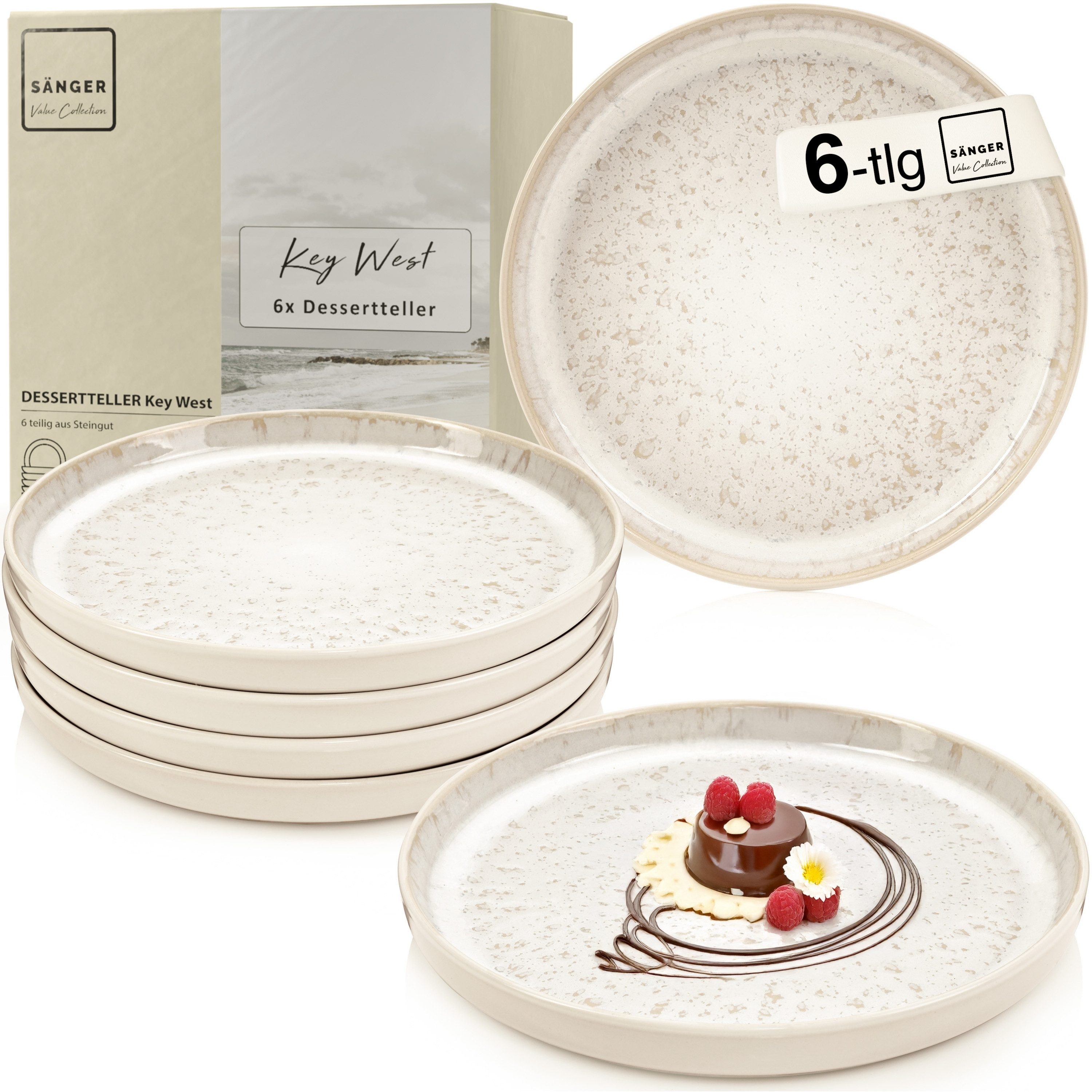SÄNGER Teller Set Key West, Creme mit sandiger Maserung, (6 St), Dessertteller Set, 6 Personen, Steingut, Handmade, VALUE COLLECTION