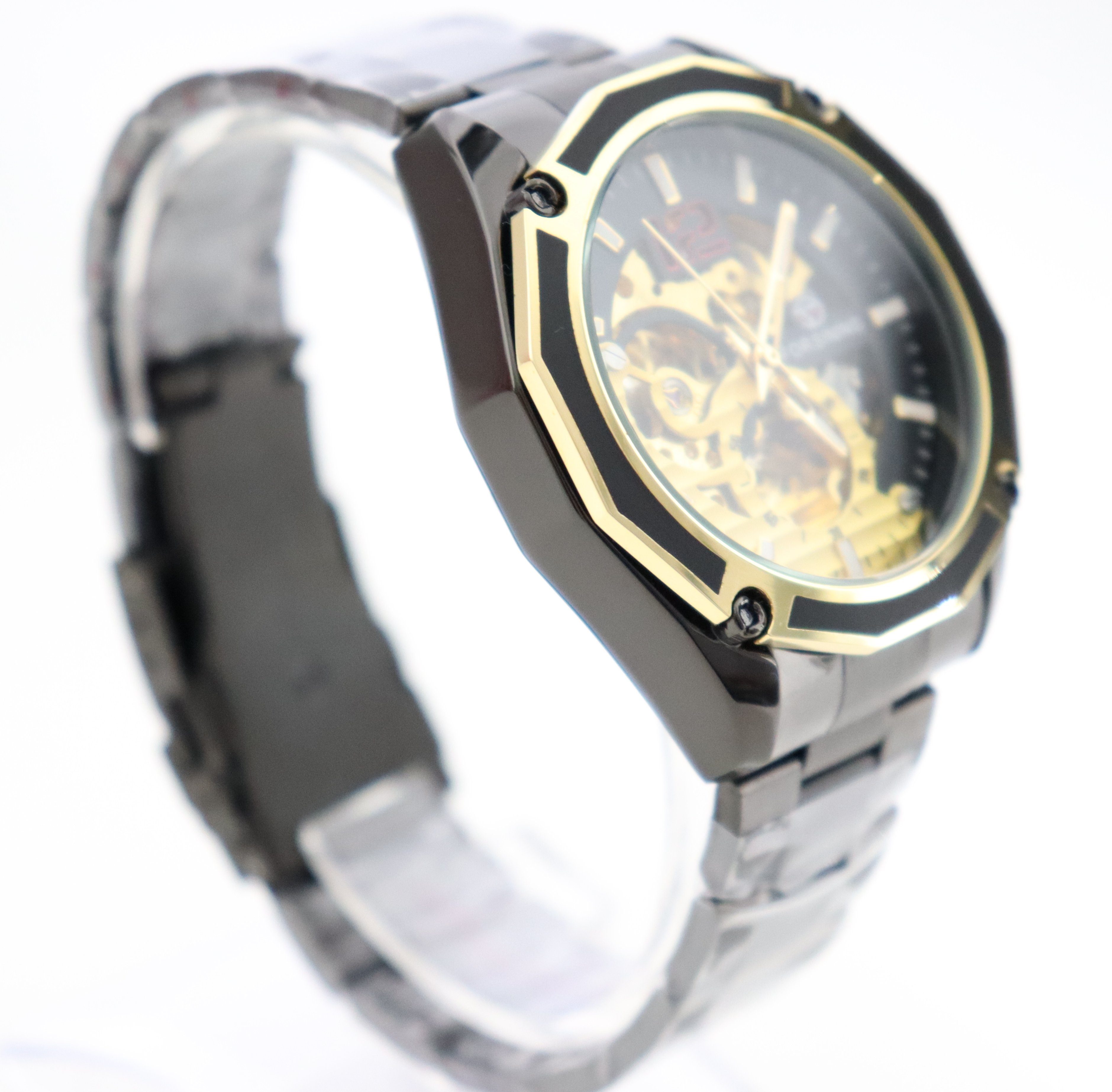 Rötting Design Automatikuhr Herrenuhr Armbanduhr Marke Forsining schwarz goldfarbenes Ziffernblatt, (1-tlg), Edelstahl, Skelett Ziffernblatt