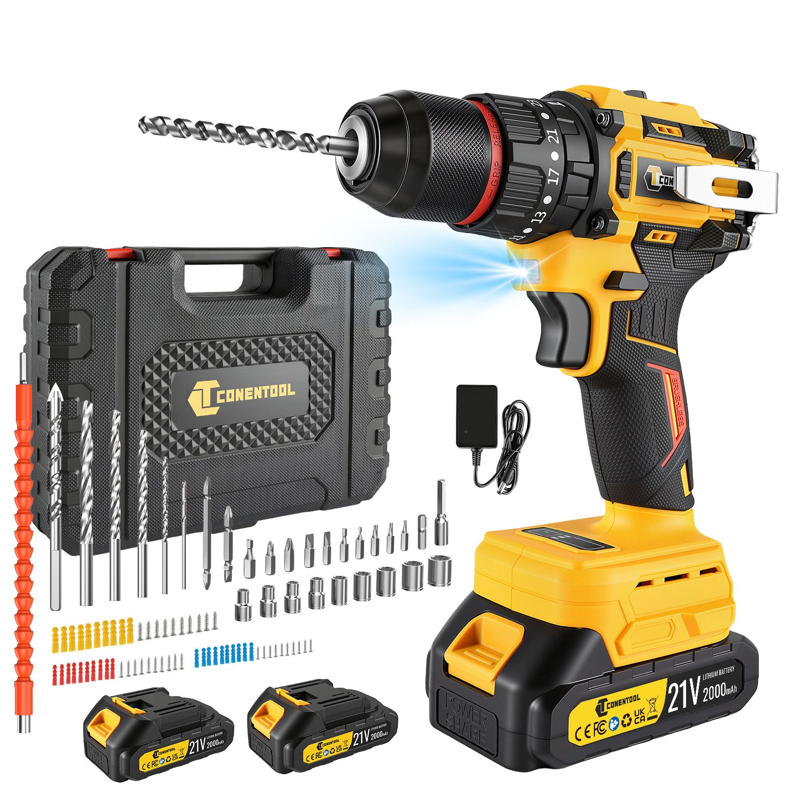 CONENTOOL Akku-Bohrschrauber Akkuschrauber Set Akkubohrer mit 60PCS Werkzeugkoffer, 21 V, max. 1800,00 U/min, (Set, 60-tlg., mit 2x 2000mAh Akkus und Ladegerät), 25+3 Drehmomentstufen, LED Licht, für Haus und DIY Projekt