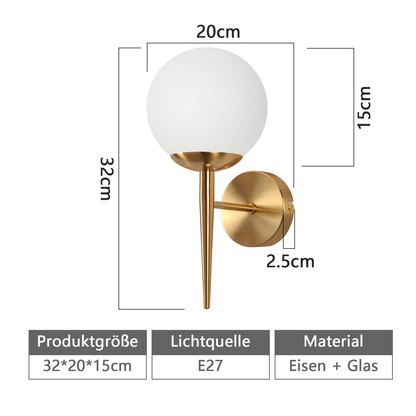 Nettlife Wandleuchte Wandleuchte Vintage Gold Glaskugel E27, LED wechselbar, Modern Wandbeleuchtung für Flur Schlafzimmer Treppenhaus