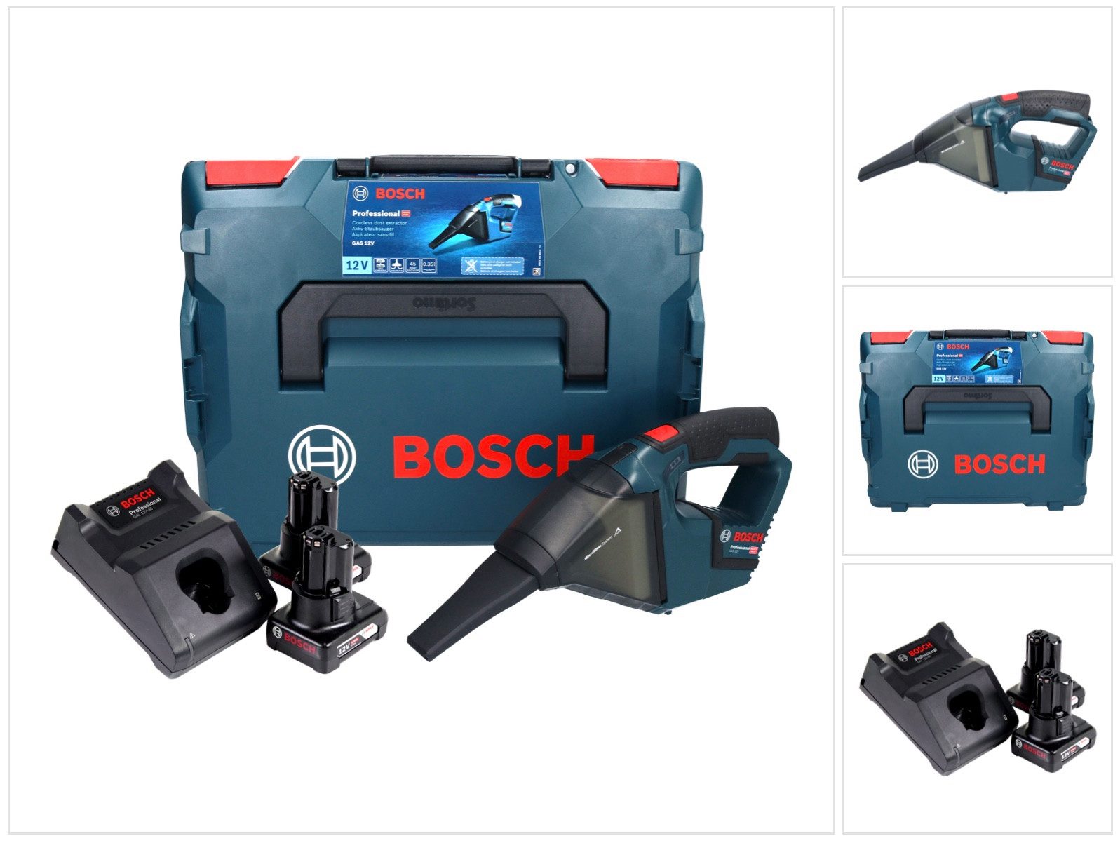 Bosch Professional Akku-Handstaubsauger GAS 12V Professional Akku Staubsauger 12 V 0,35 l + 2x Akku 6,0 Ah +