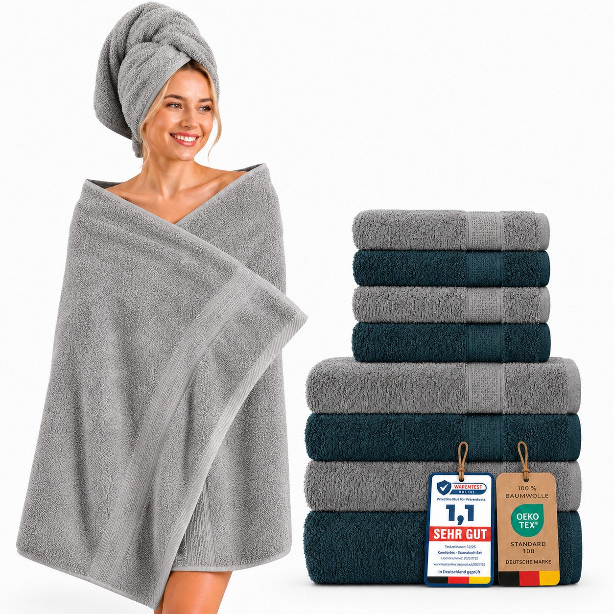 Komfortec Handtuch Set Premium 8x Handtuch & Badetuch Set - 4er 50x100 + 4er 70x140 cm, Frottee (8-St), 100% Baumwolle, Weich, 470 g/m2