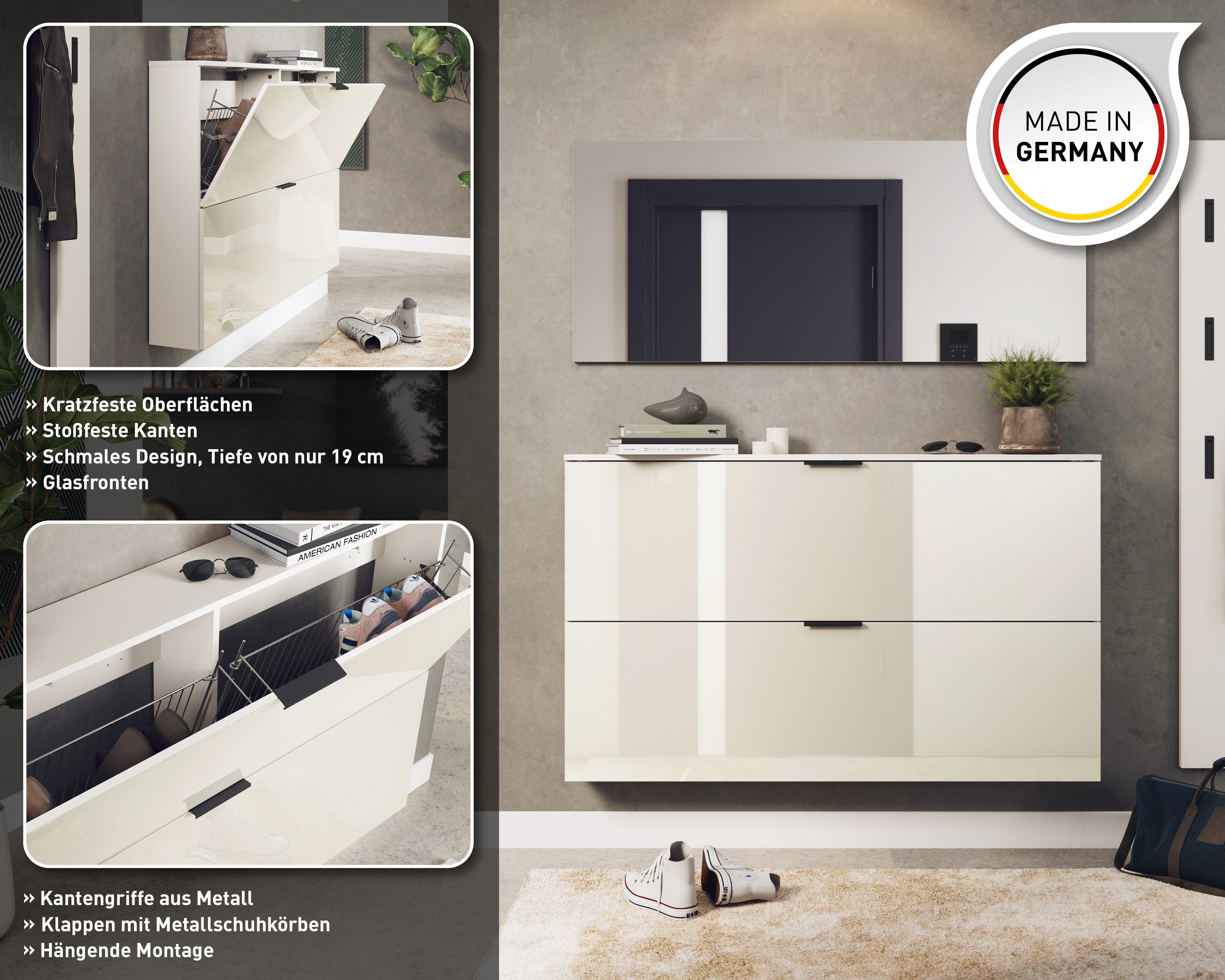 GERMANIA Schuhschrank Valega Tiefe: 19cm, schmale Flure, Glasfront, mit Metallkörben, Türdämpfung – Bild 3 von 5