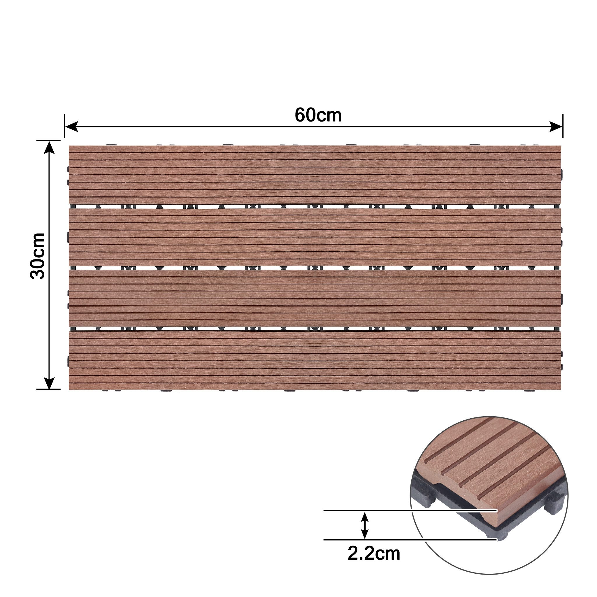 FIVMEN Terrassendielen WPC Fliesen Terrassenfliesen 30x60cm mit klicksystem, Braun, (30-St), für Terrasse und Balkon