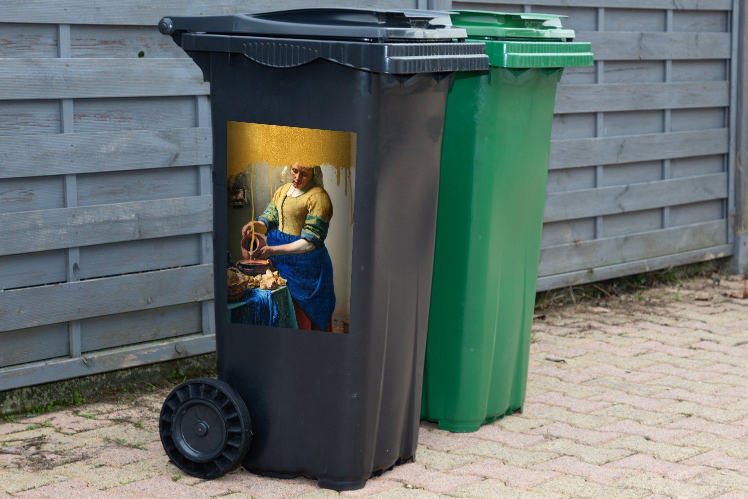 Vermeer - St), Container, Gold Mülltonne, - Wandsticker (1 MuchoWow Sticker, Milchmädchen Abfalbehälter Mülleimer-aufkleber,