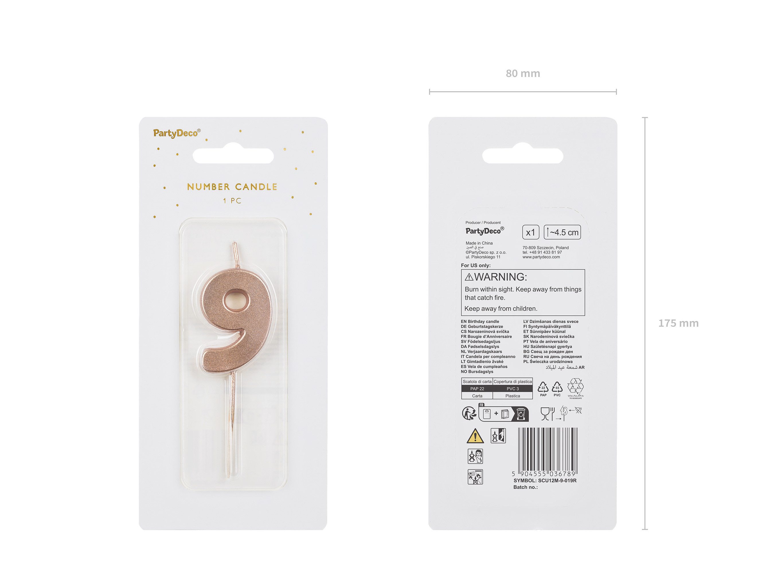 partydeco Geburtstagskerze, Geburtstagskerze Zahl 9 Zahlenkerze 4,5cm Rosegold