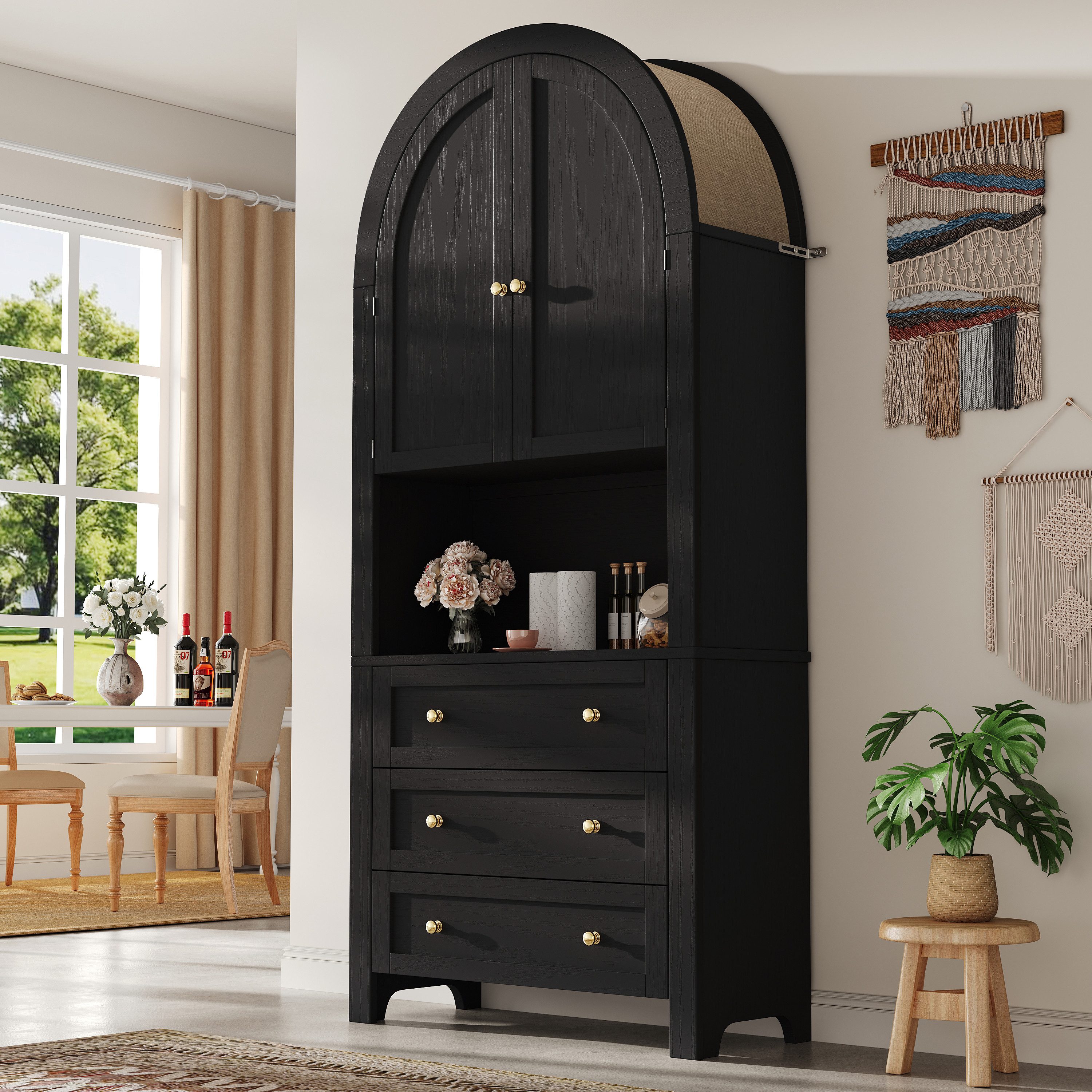 Hochschrank Wohnzimmer Atmungsaktive Highboard schwarz,Vitrine mit Schubladen&Tür