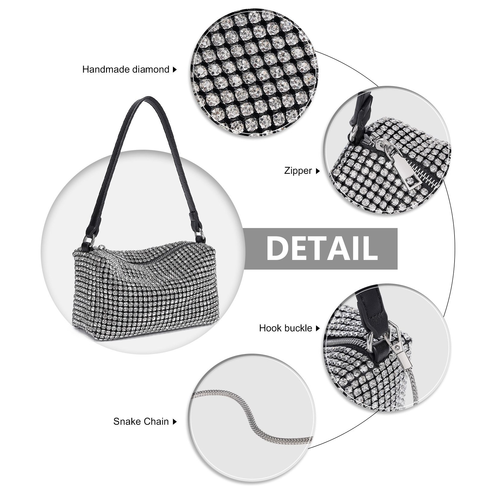 Miss Lulu Clutch Glitzer-Clutch mit Kristallbesatz & abnehmbarer Kette, Silber