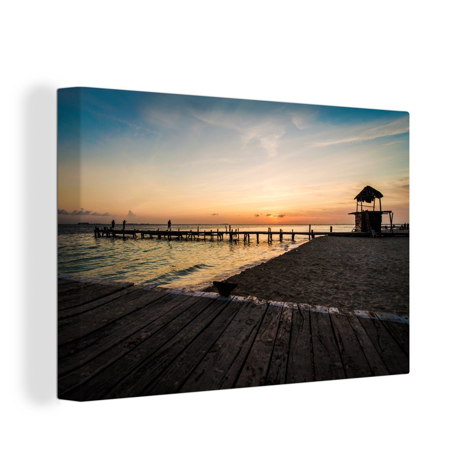OneMillionCanvasses® Leinwandbild Farbenfroher Sonnenuntergang am Strand von Isla Mujeres in Mexiko, (1 St), Wandbild Leinwandbilder, Aufhängefertig, Wanddeko, 30x20 cm