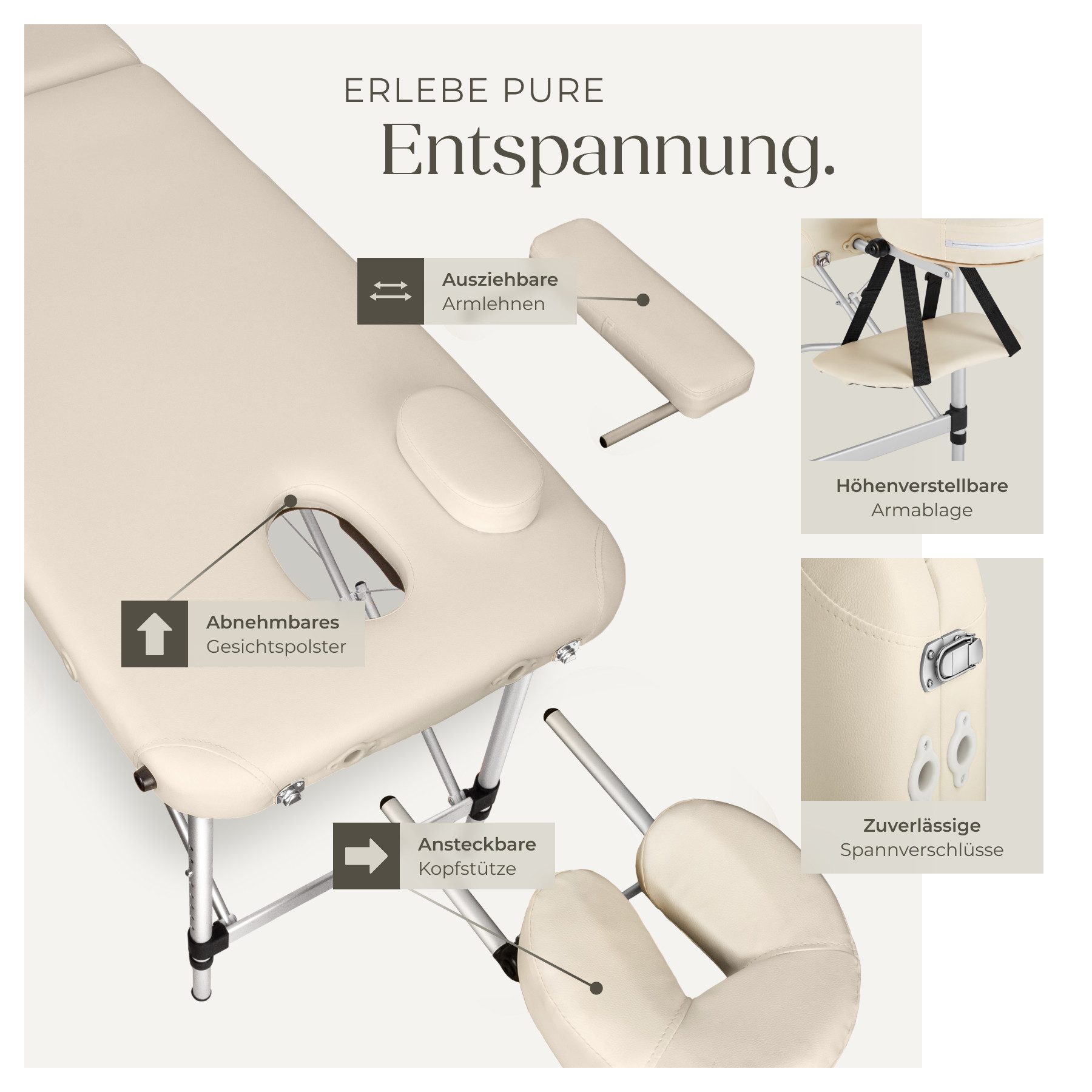 tectake Massageliege Mobiler Massagetisch klappbar mit Aluminiumgestell und Polsterung (Set, 1-St., mit Tragetasche), Inkl. Zubehör: Tragetasche, Kopfstütze, Armablagen