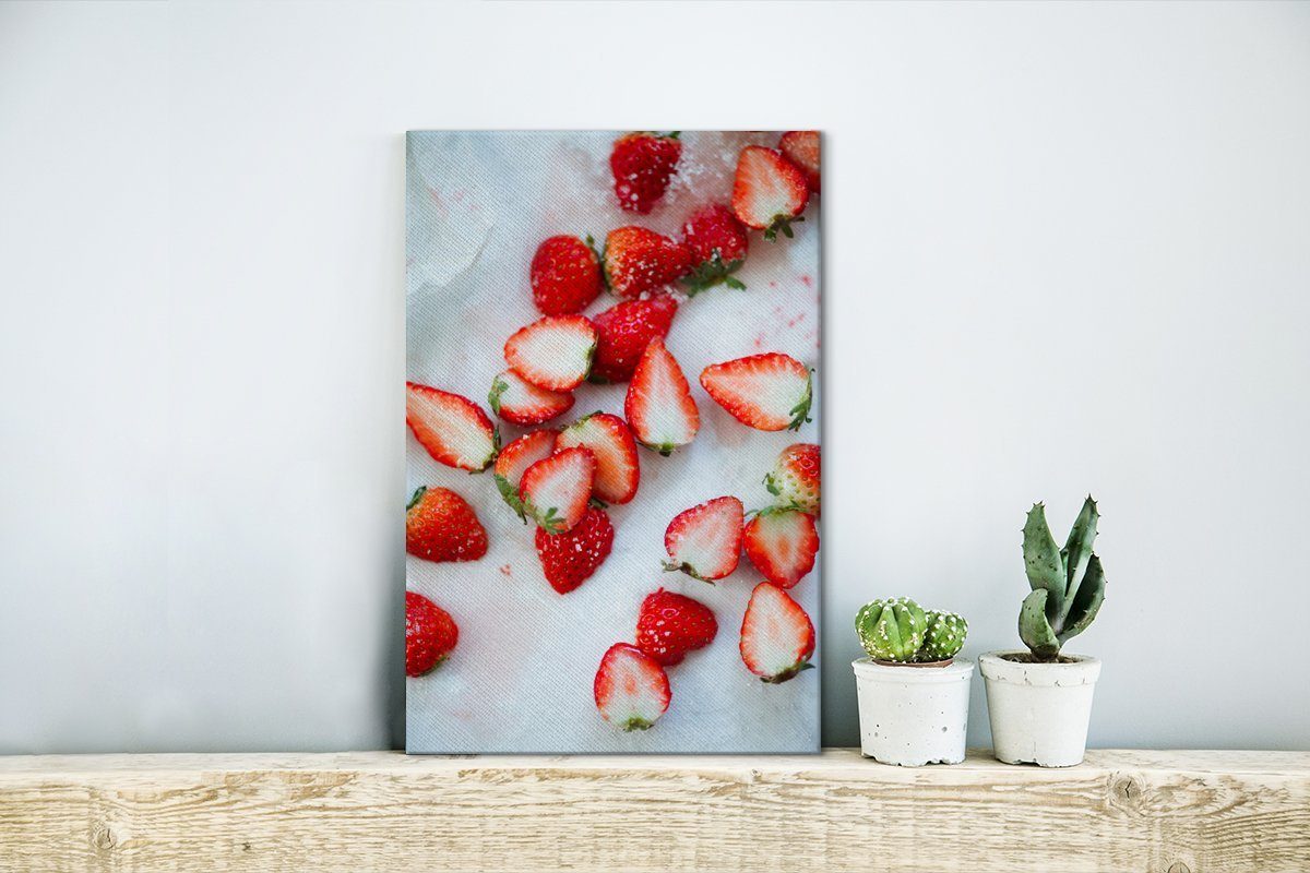OneMillionCanvasses® Leinwandbild (1 - cm St), Gemälde, - Erdbeere bespannt Marmor, Zackenaufhänger, Leinwandbild 20x30 inkl. Obst fertig