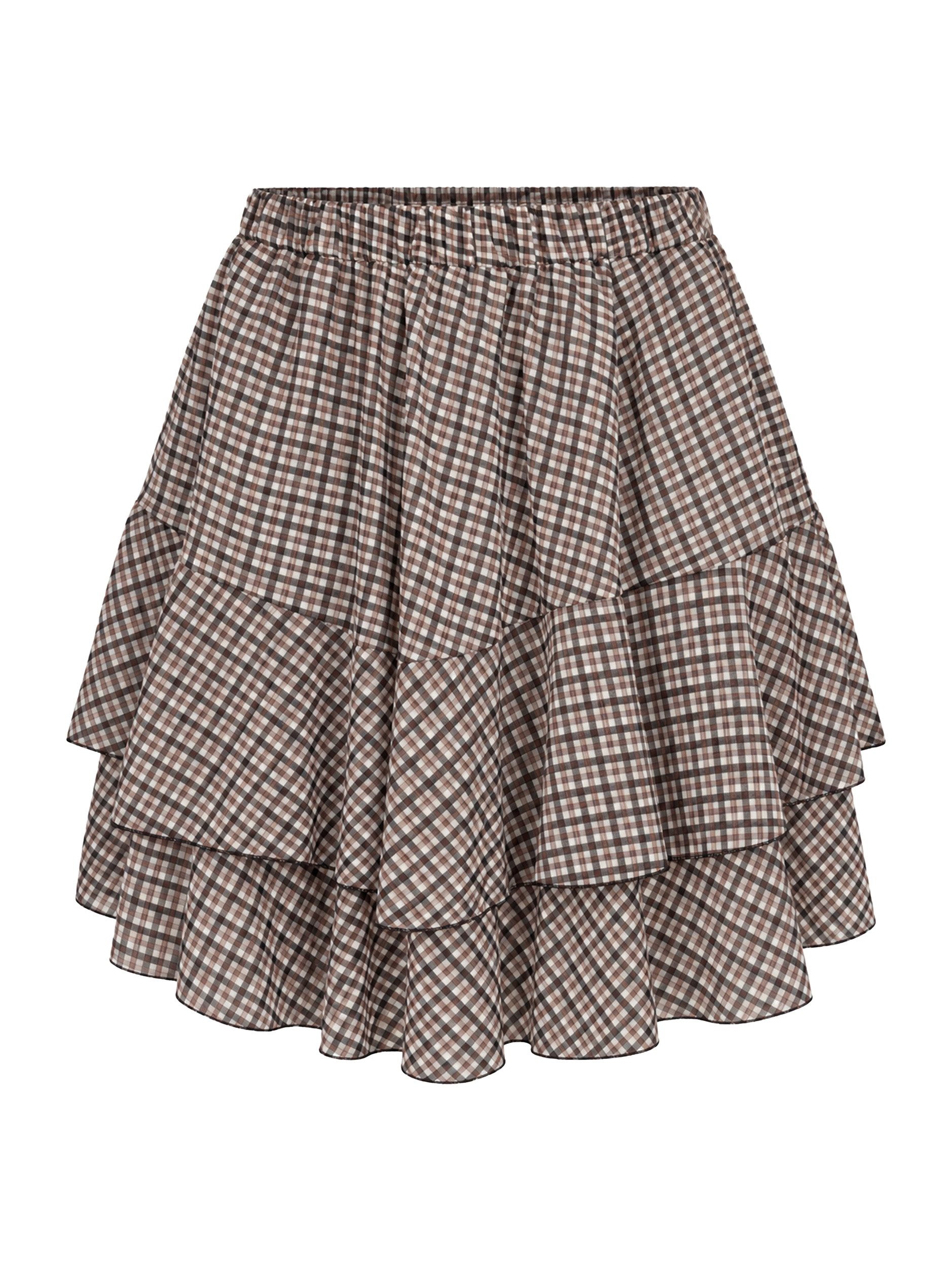 SASSYCLASSY Minirock Kurzer Volant Rock für Damen Elastischer High Waist Stufenrock mit geometrischem Muster Braun – Bild 2 von 5