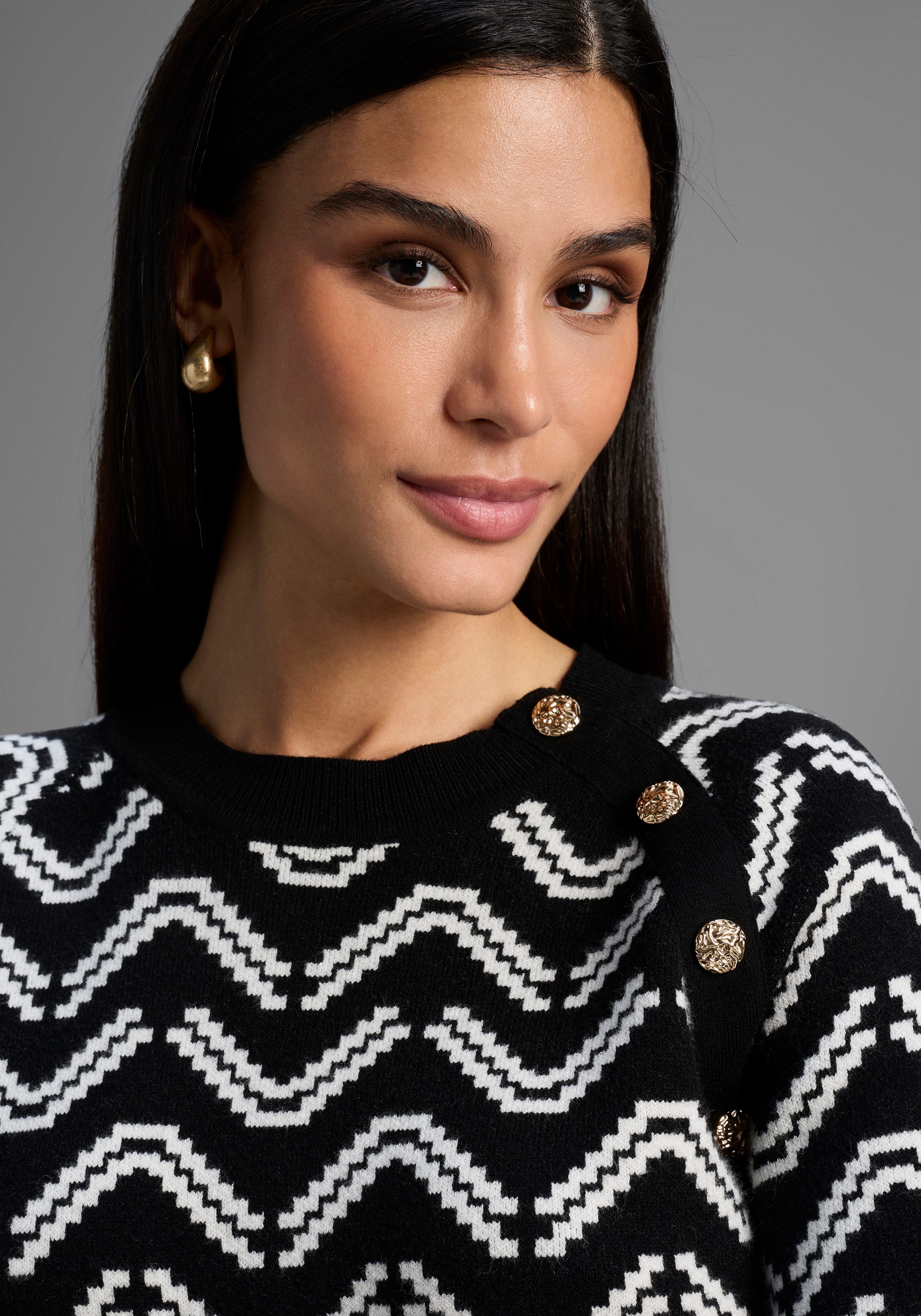 Laura Scott Rundhalspullover kuscheliger Strick mit Jaquardmuster und Knöpfen - NEUE KOLLEKTION