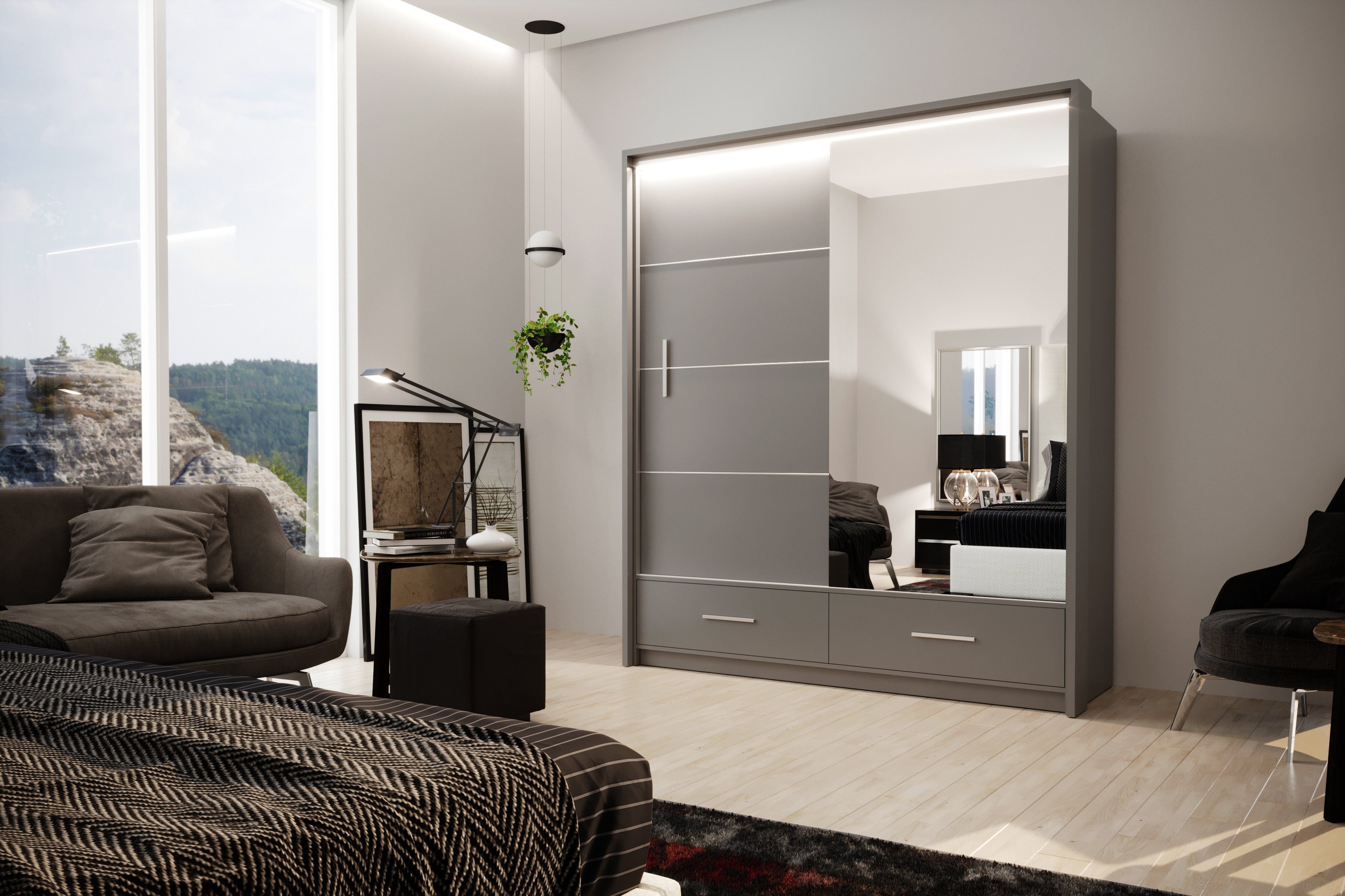 Beautysofa Spiegelschrank Marsylia (Schrank Schränke Schubladen) Breite, mit mit Kleiderschrank 200 grau cm für Wohnzimmer Spiegel