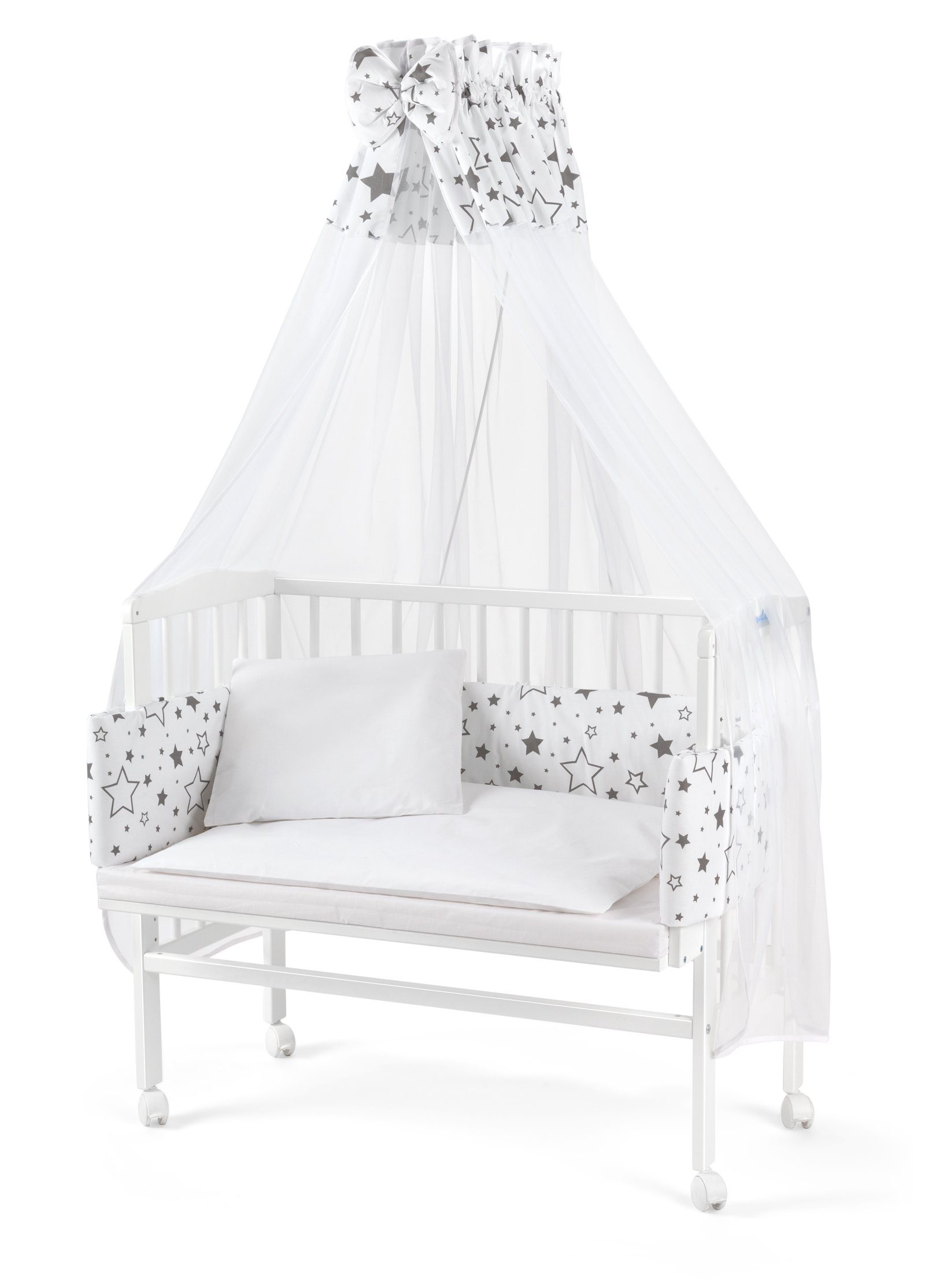 Waldin Beistellbett Baby Beistellbett, Matratze, Stoffset, Buche massiv, verstellbar