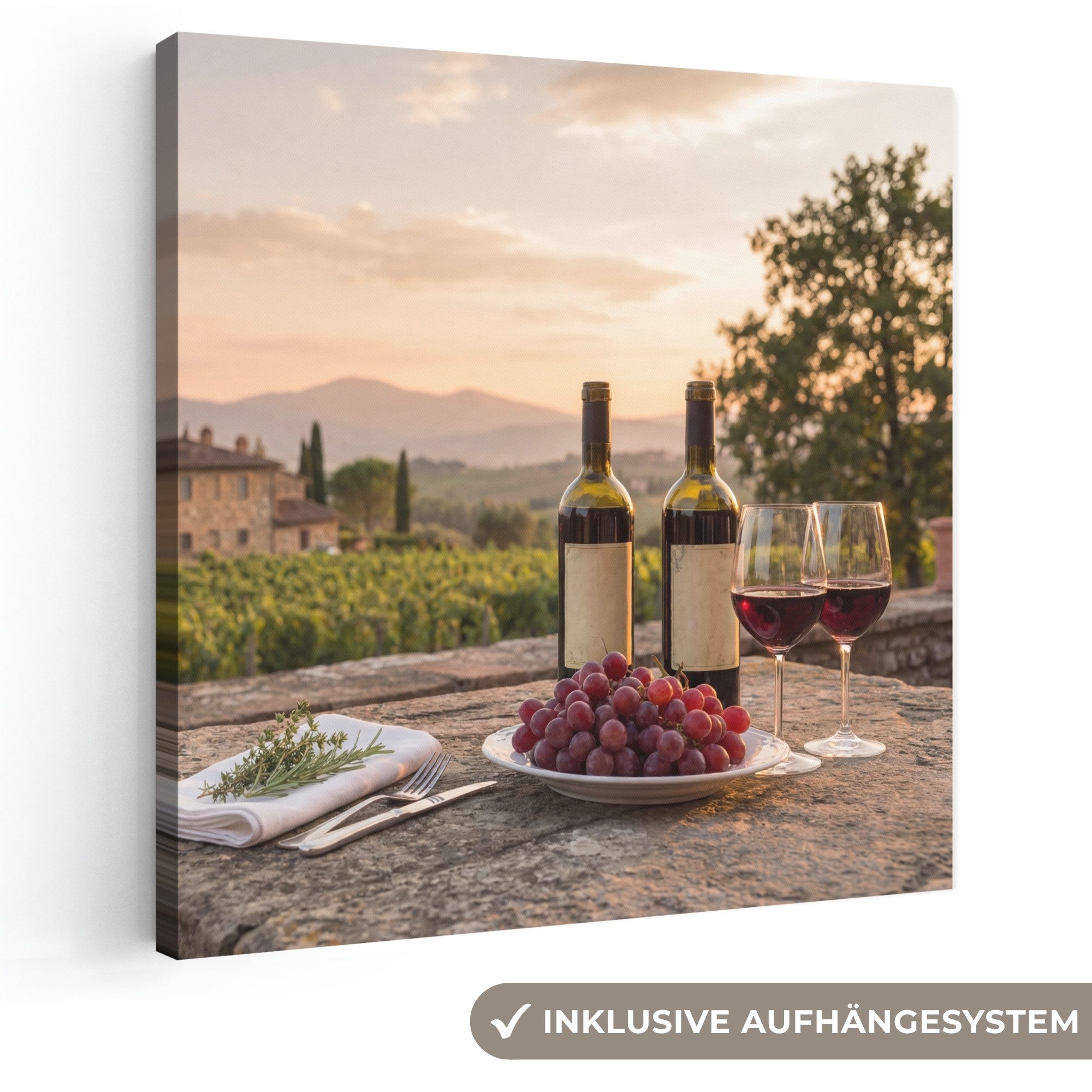 OneMillionCanvasses® Leinwandbild Wein - Gläser - Trauben - Weinberg, Fotodruck (1 St), Wandbild, Deko Schlafzimmer Wohnzimmer Flur 20x20 cm