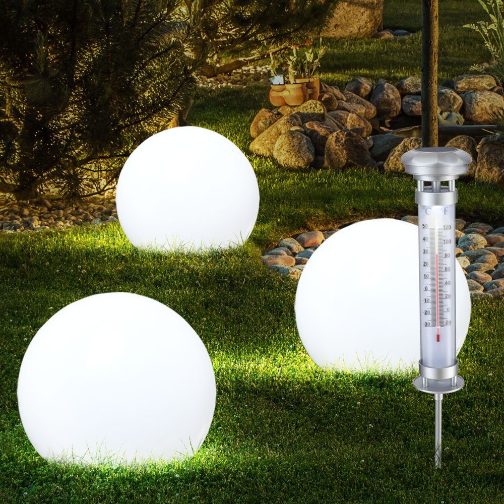 Thermometer Gartenleuchte, Warmweiß, fest Kugel Globo Solarleuchte LED Solarlampe LED-Leuchtmittel Außenlampe LED Akku verbaut,