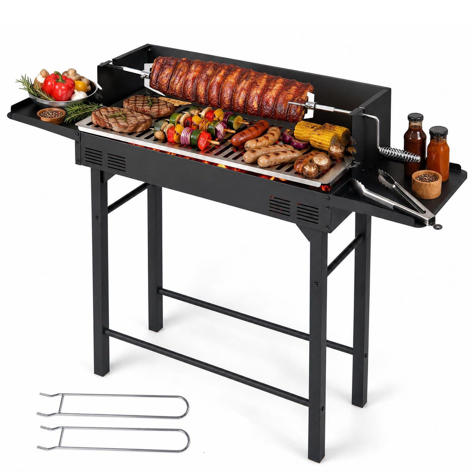 KOMFOTTEU Holzkohlegrill 3 Ebenen Seitliche Ablagen, mit Drehspieß & Grillrost