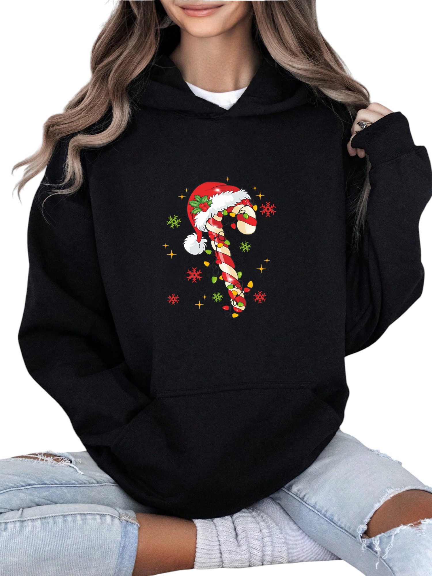 PYLIKE Kapuzenpullover Weihnachtsmütze Print Damen Fleece Kapuzenpullover m günstig online kaufen