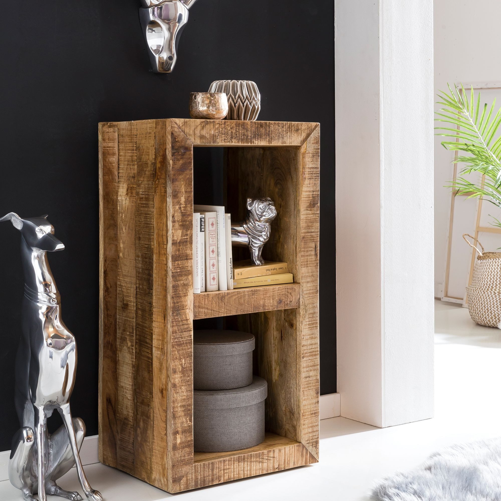 FINEBUY Standregal FB45542 45 x 90 x 35 cm Bücherregal Mangoholz Beistelltisch Massiv, Massivholz Mango Regal 90 x 45 x 35 cm 2 Böden, Holzregal Natur Rustikal, Kleines Bücherregal