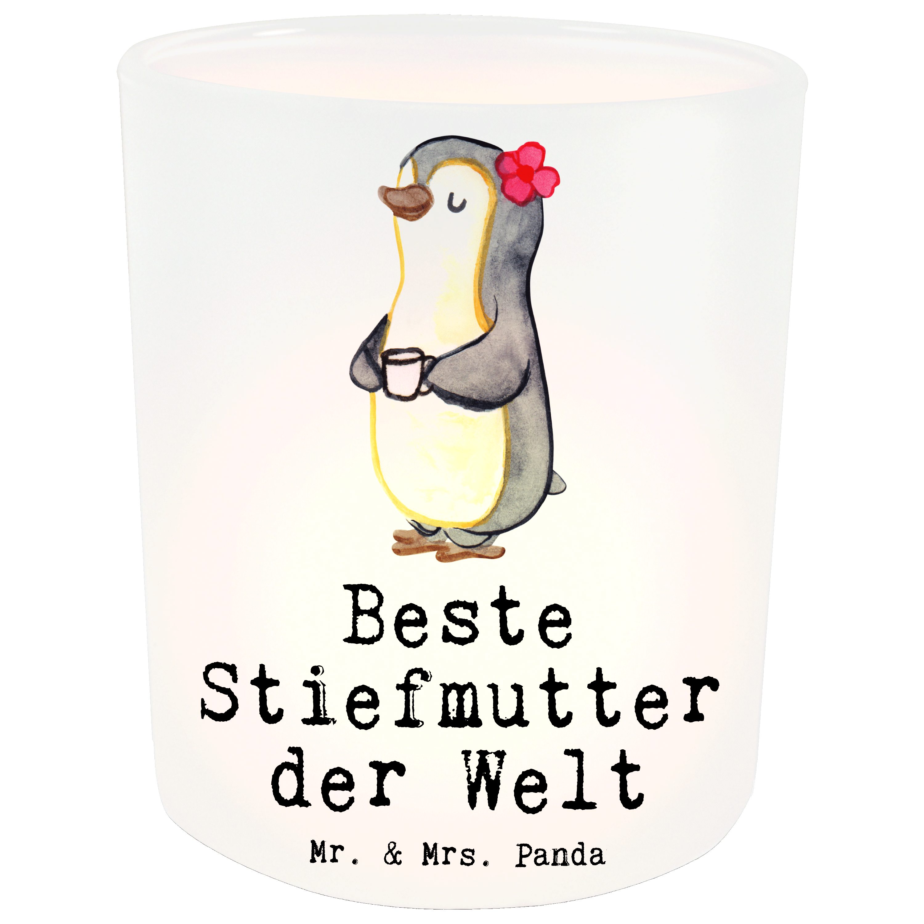 Mr. & Mrs. Panda Windlicht Pinguin Beste Stiefmutter der Welt - Transparent - Geschenk, Teelicht (1 St)