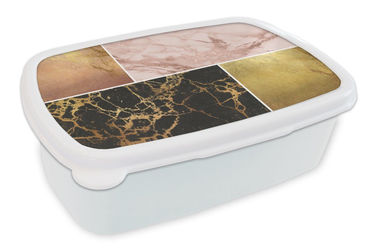 MuchoWow Lunchbox Marmor - Rosa Brotbox Gold, (2-tlg), Mädchen für Brotdose, und und Kinder Kunststoff, - weiß Erwachsene, für Jungs