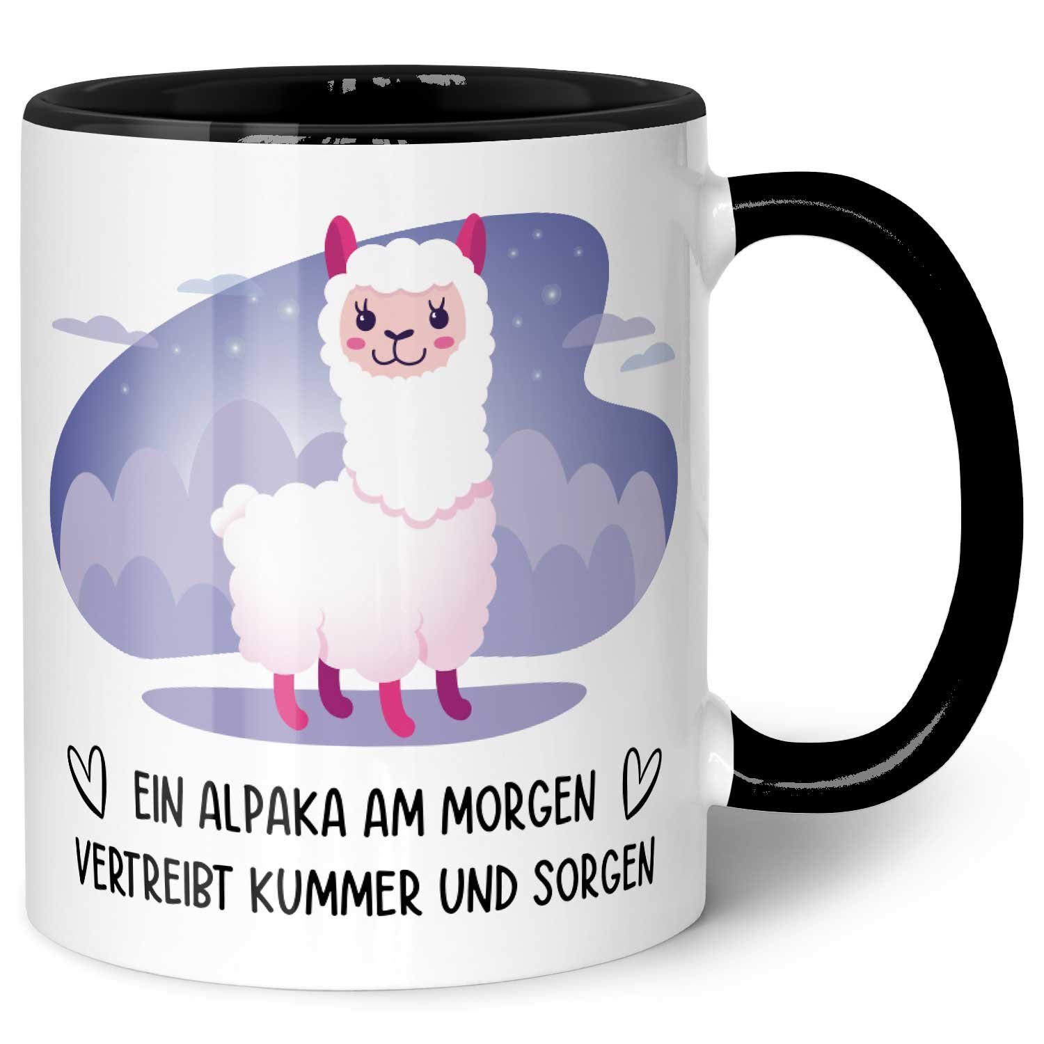GRAVURZEILE Tasse bedruckt mit Spruch - Alpaka am Morgen - Lustige Geschenke, Keramik, - Farbe: Schwarz & Weiß