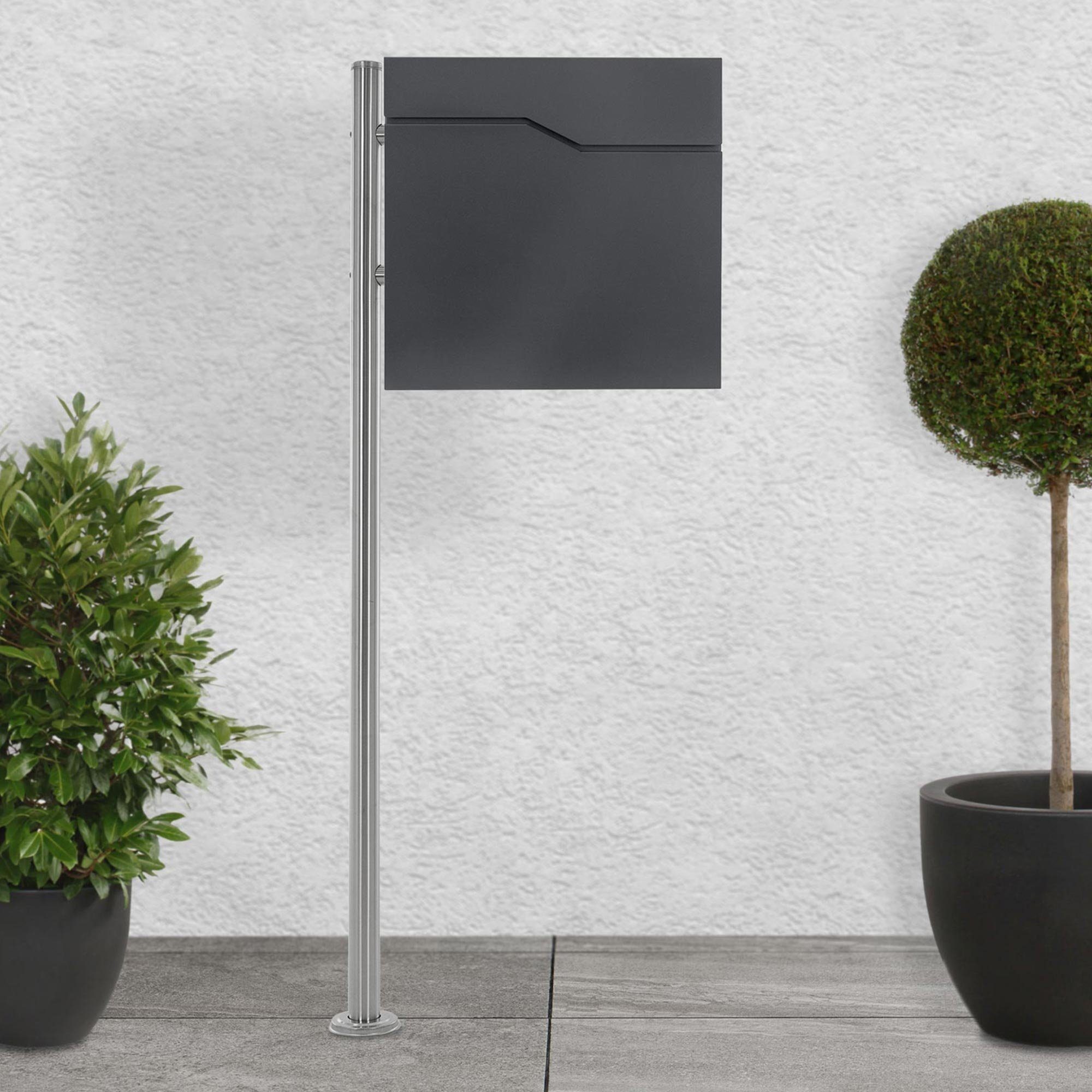ML-DESIGN Standbriefkasten Wandbriefkasten Briefkasten Postkasten mit Zeitungsfach inkl. Standfuß, Briefkastenanlage mit Ständer Silber 120cm Mailbox mit Pfosten