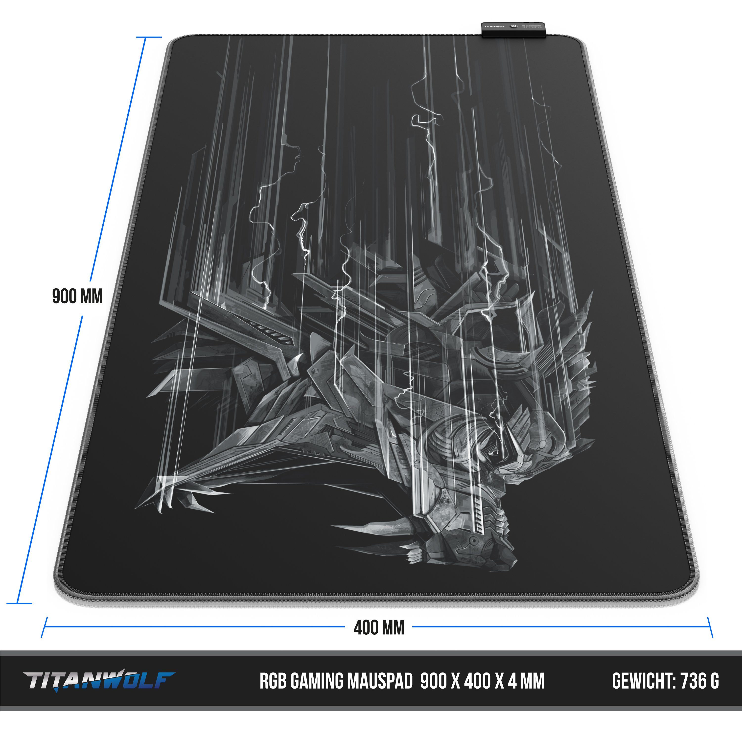 Titanwolf Gaming Mauspad RGB Mousepad 900 x 400 x 3 mm, LED Multi Color XXL Tischunterlage, rutschfest, abwaschbar, Geschwindigkeit & Präzision, Brüllender Wolf