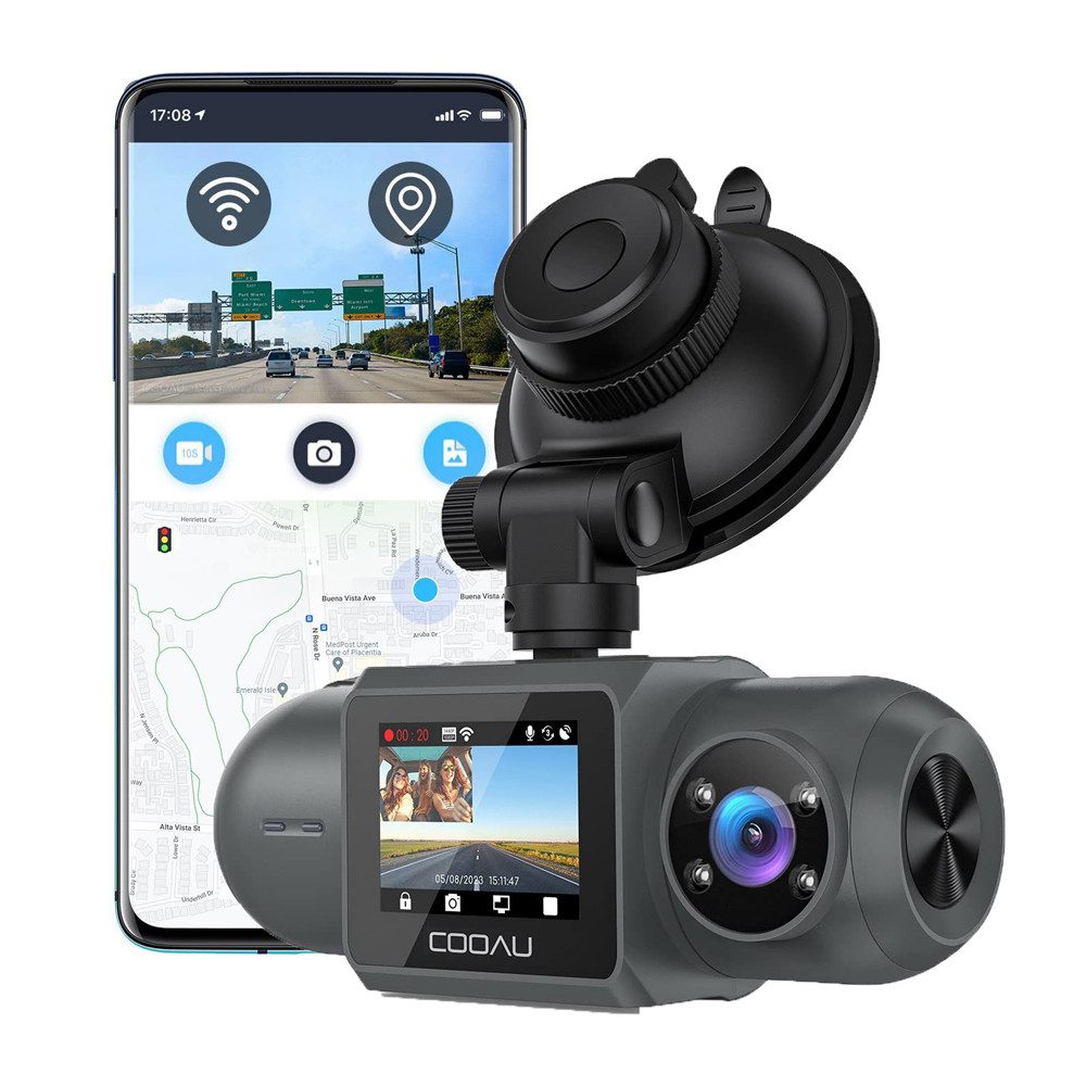 COOAU dashcam autokamera kabellos vorne und Innen mit parküberwachung & GPS Dashcam (HD, WLAN (Wi-Fi), Volles 6G + 1iR-Objektiv,Superkondensator, 4 IR-LEDs, APP-Verbindung, mit Loop-Recordning, G-Sensor-Erkennung, und 24-Stunden Parkmonitor)