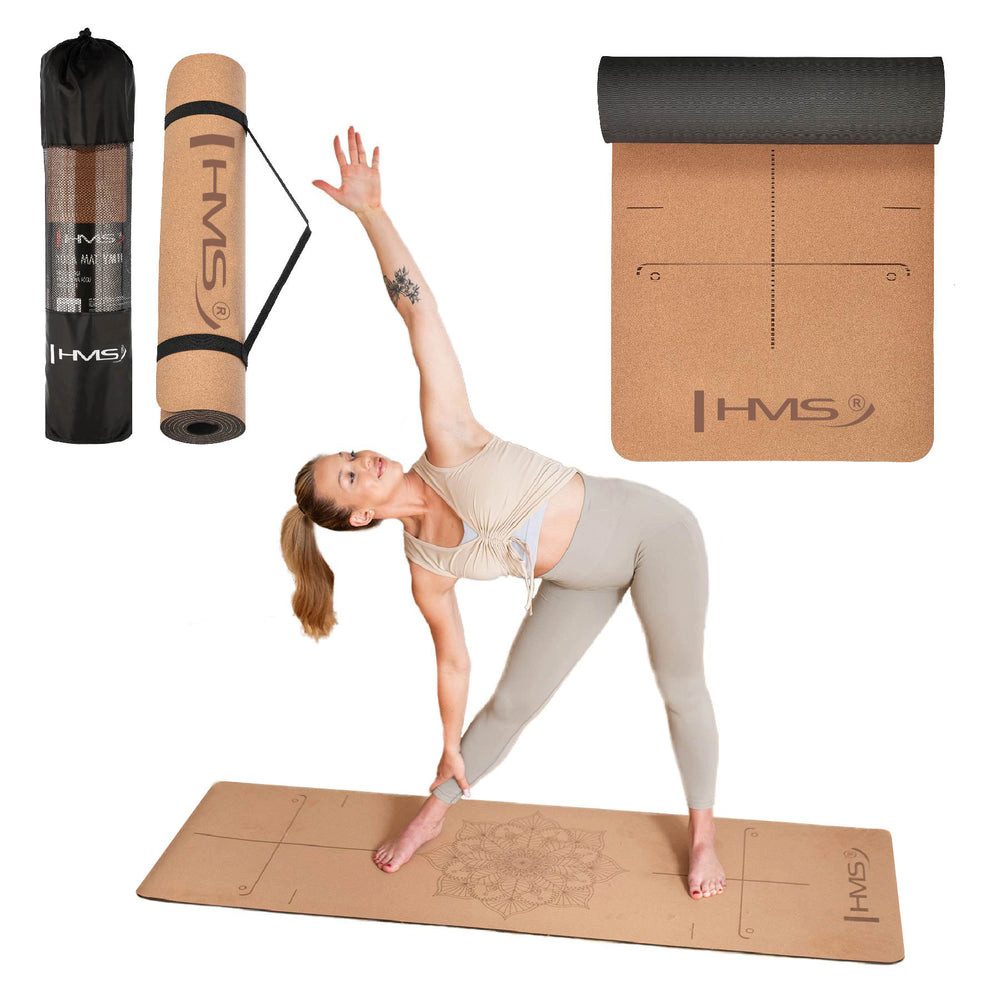 HMS Yogamatte Korkmatte Sportmatte Trainingsmatte (Spar-Set, 1-St., 182 x 61 x 1 cm weich), TPE & Kork, antibakteriell, rutschfest, Hülle + Gurt