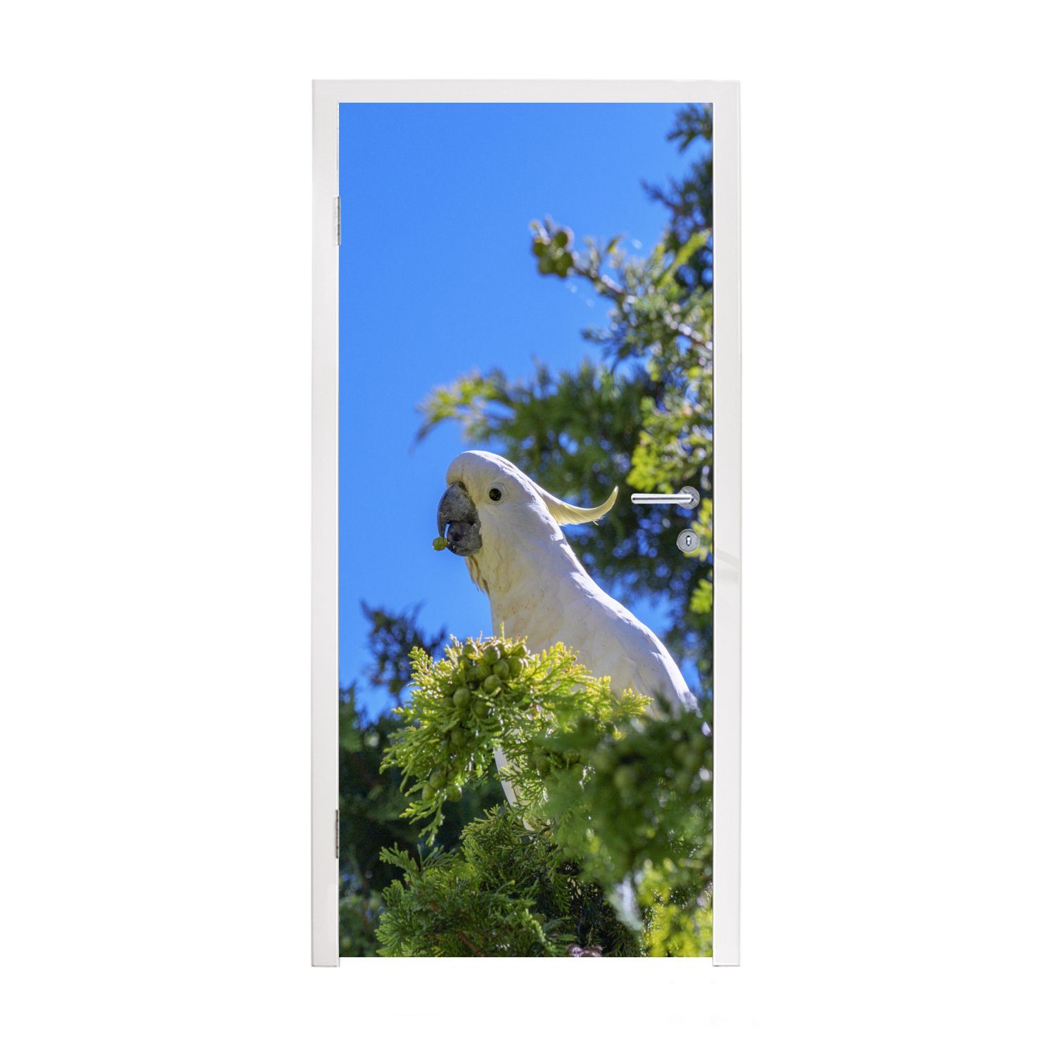 MuchoWow Türtapete Weißer Kakadu in einem grünen Baum, Matt, bedruckt, (1 St), Fototapete für Tür, Türaufkleber, 75x205 cm